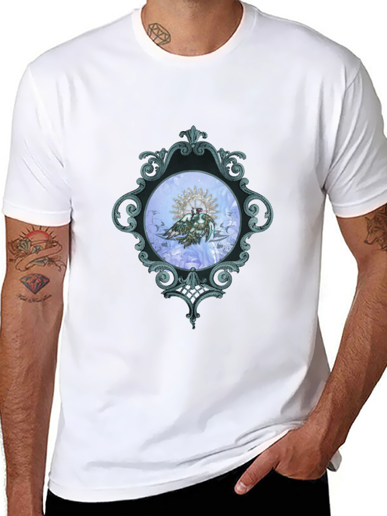 Ornate Framed Bird Graphic Black T-Shirt