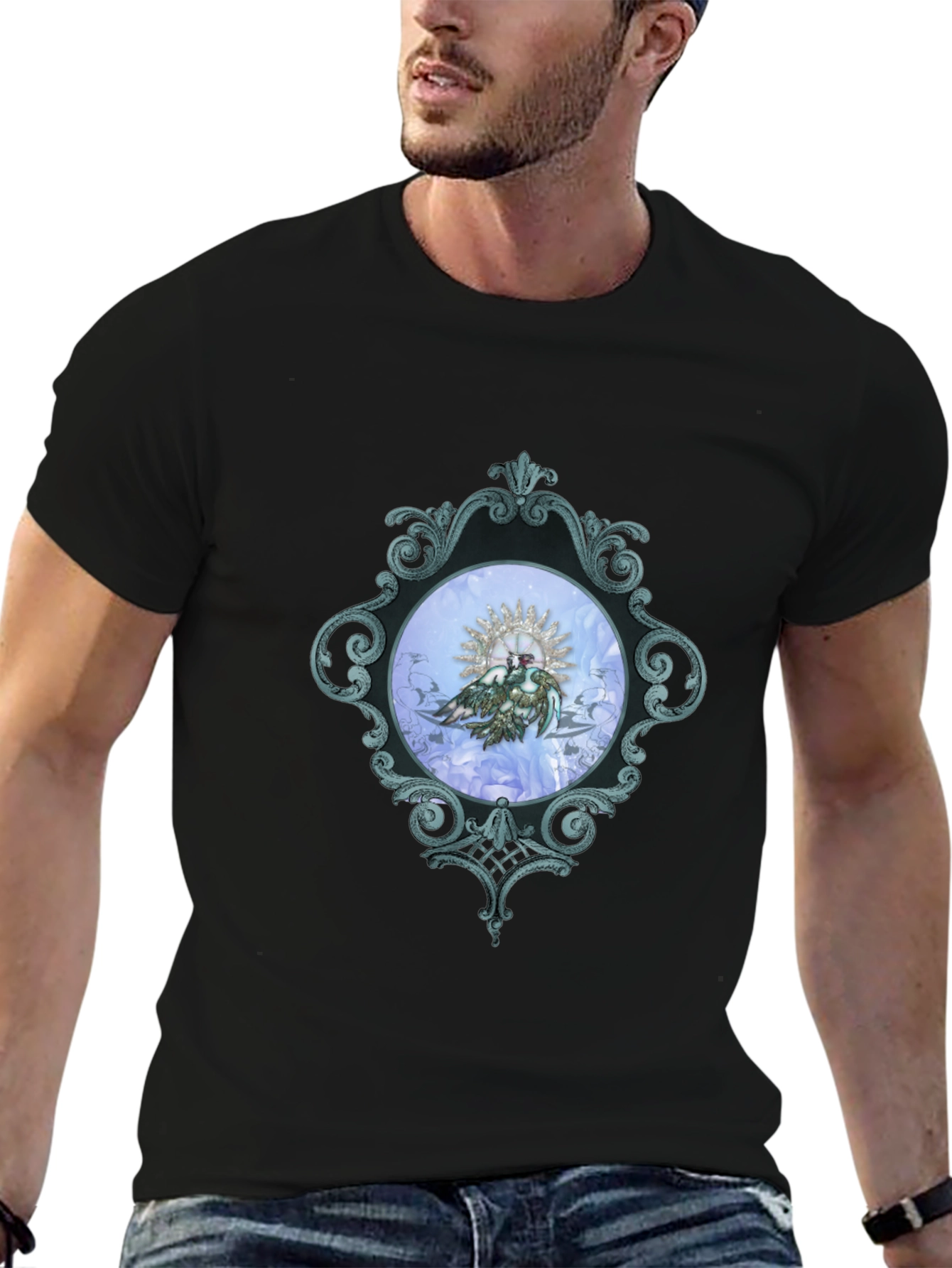 Ornate Framed Bird Graphic Black T-Shirt