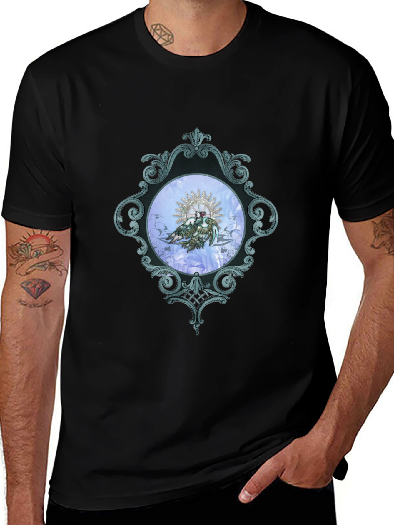 Ornate Framed Bird Graphic Black T-Shirt