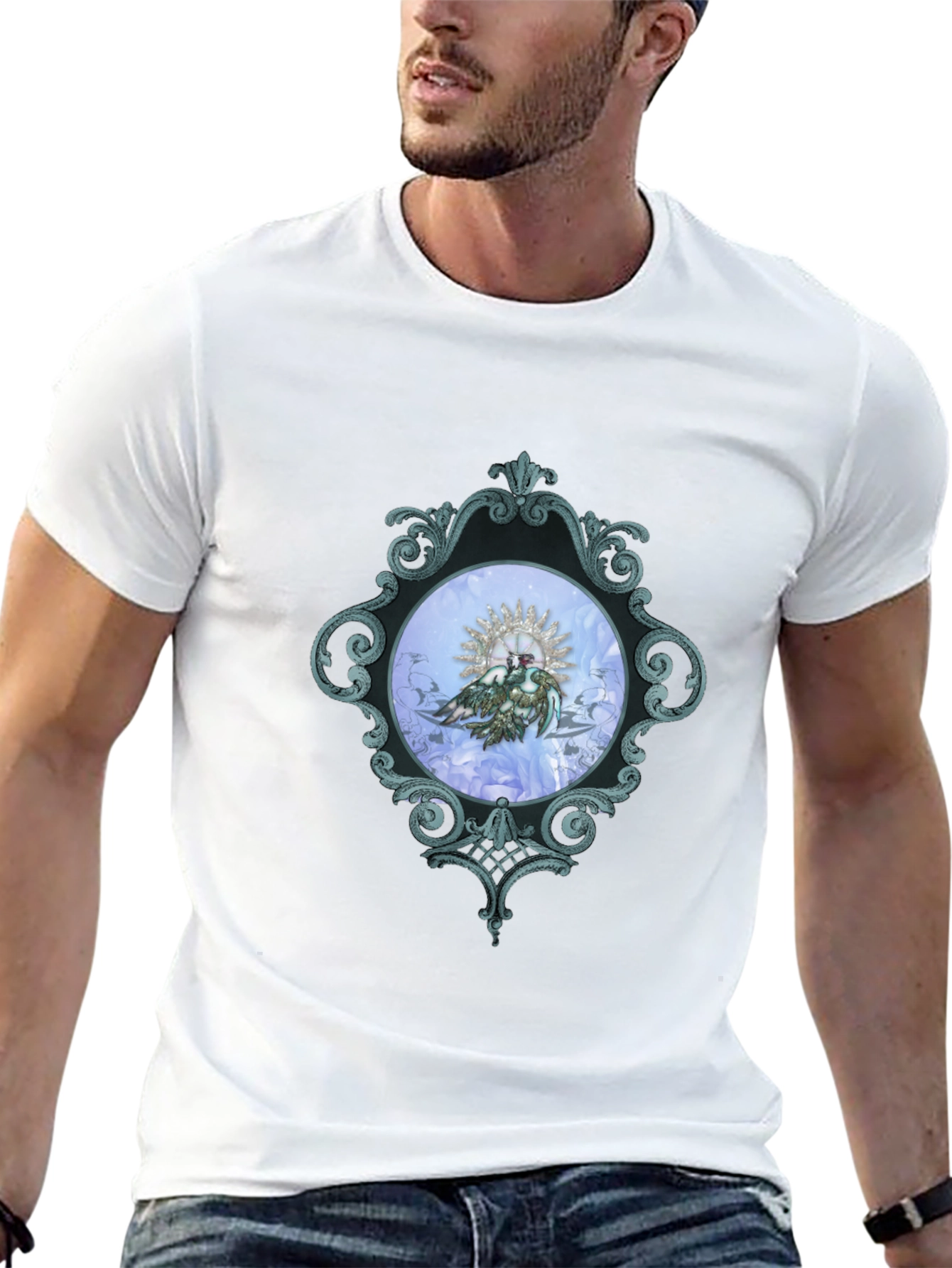 Ornate Framed Bird Graphic Black T-Shirt