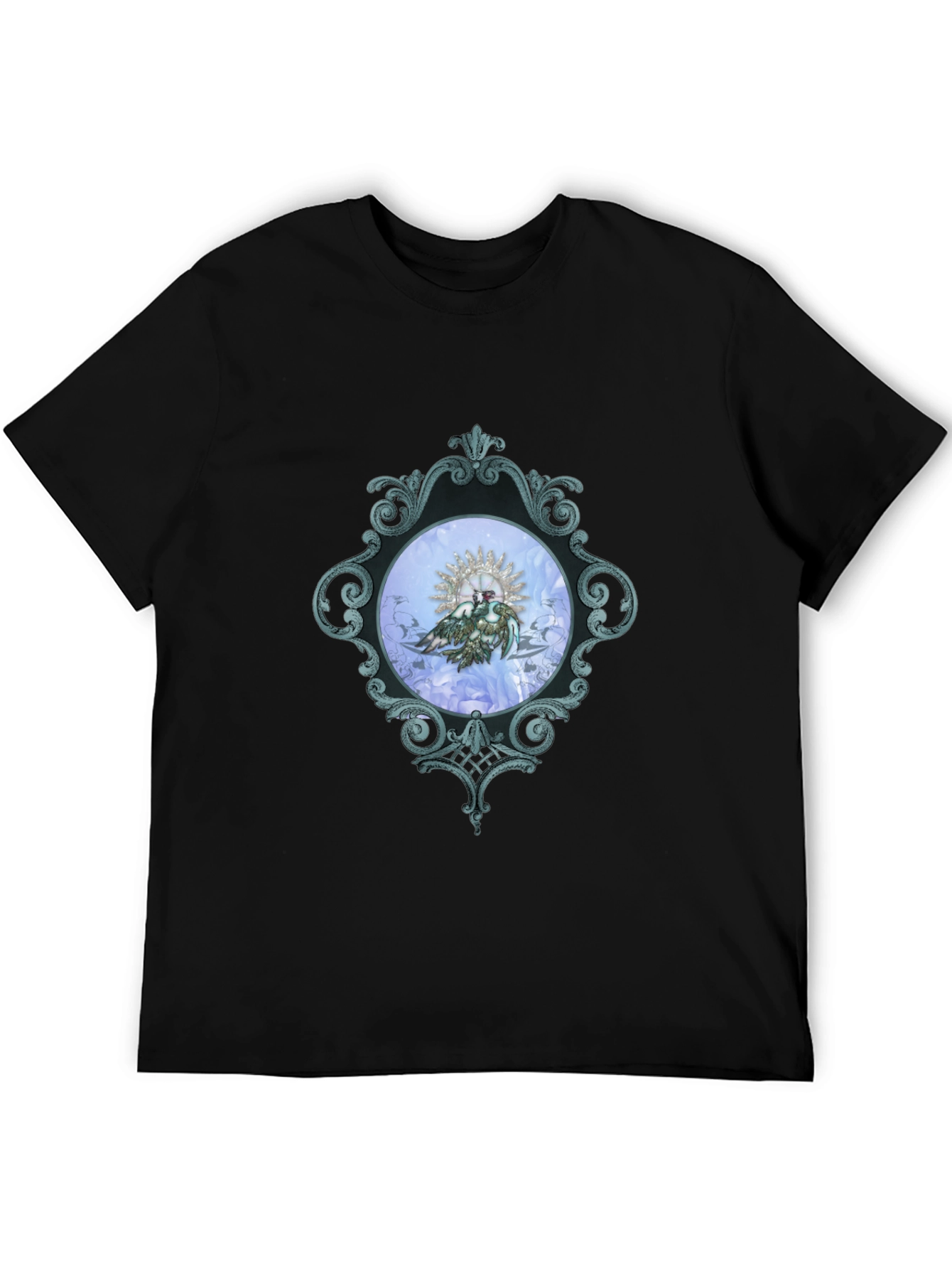 Ornate Framed Bird Graphic Black T-Shirt