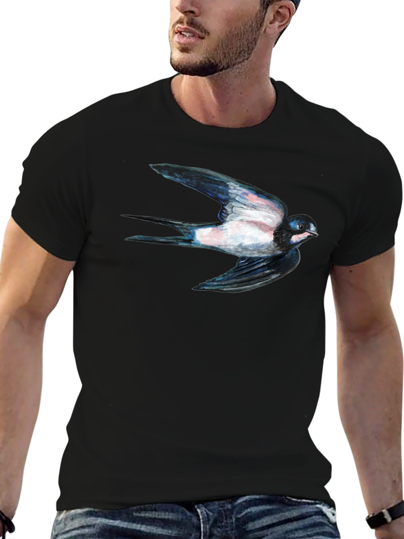 Swallow Bird Print Black Tee