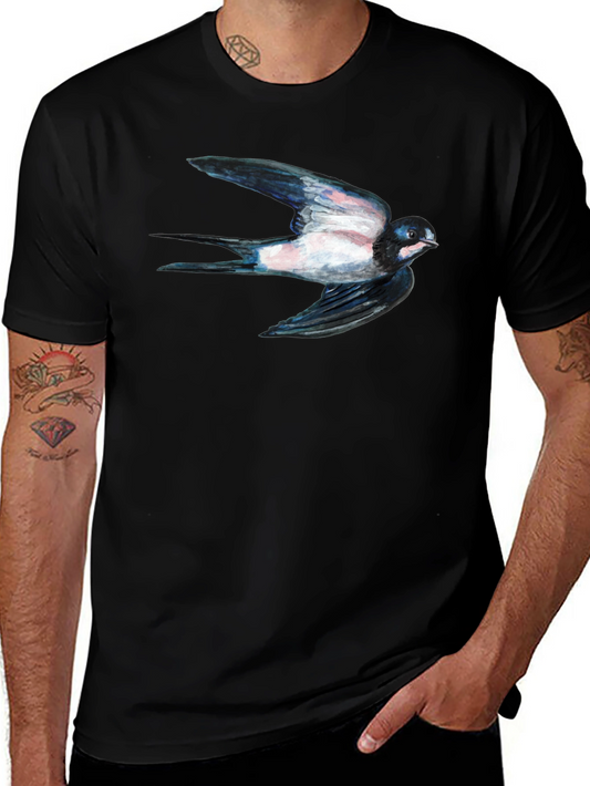 Swallow Bird Print Black Tee