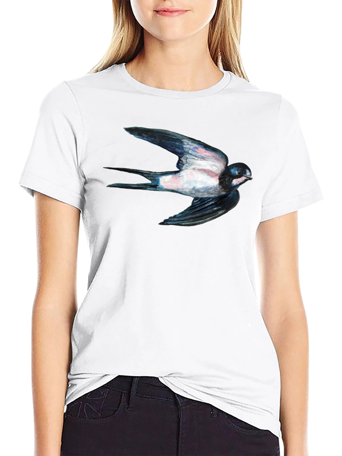 Swallow Bird Print Black Tee
