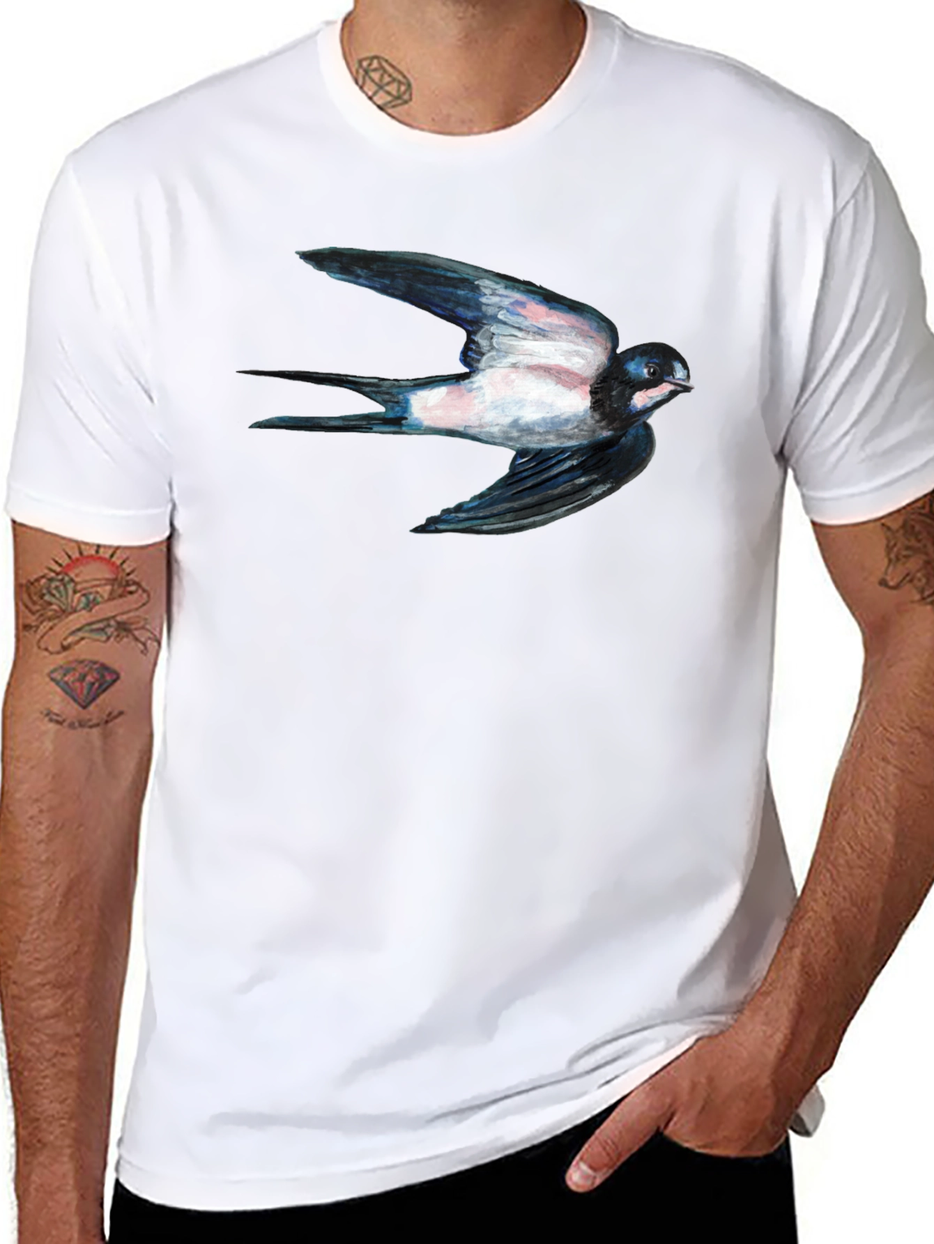 Swallow Bird Print Black Tee