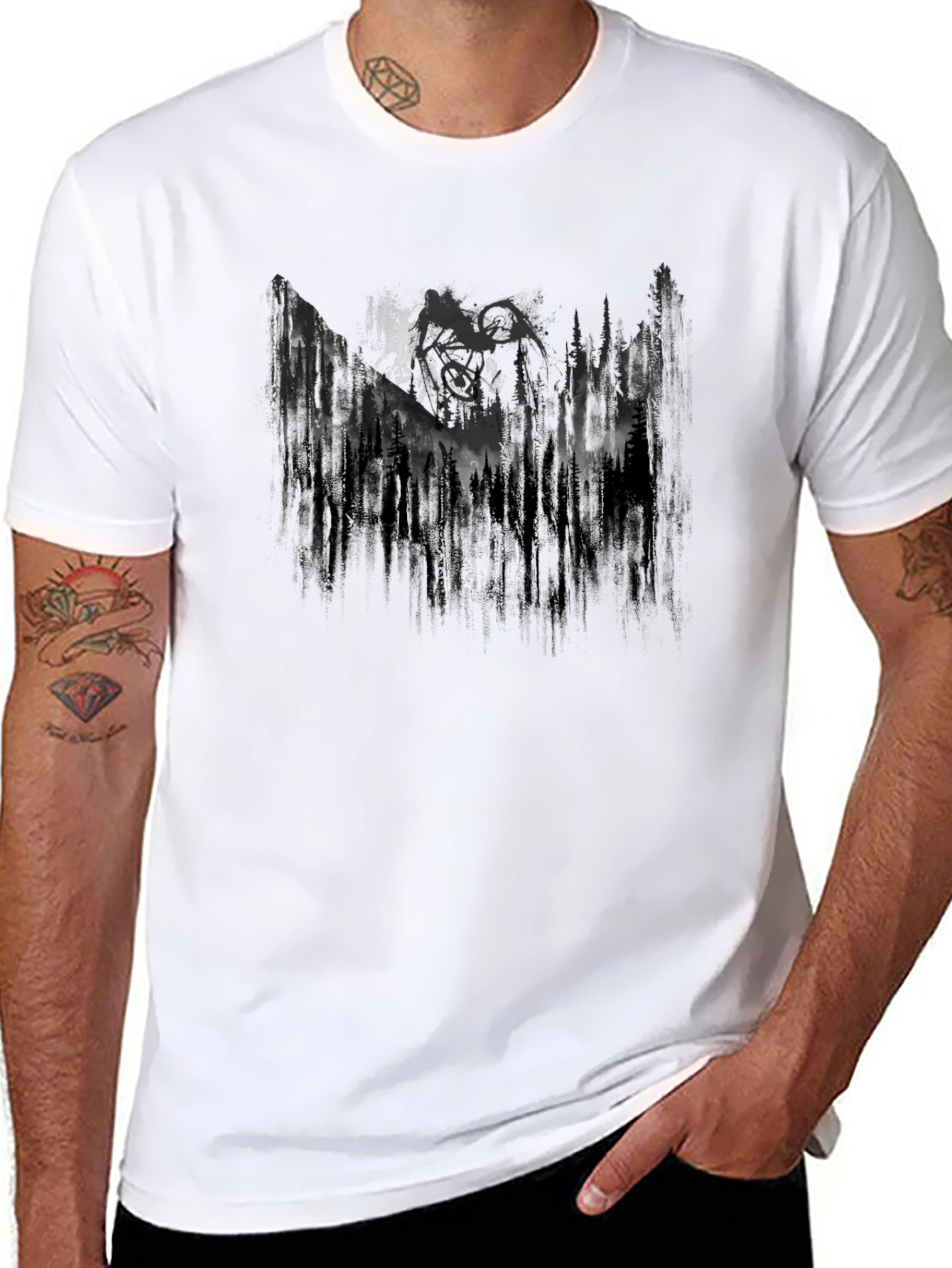 Mens Black Graphic Tee - Mountain Forest Design