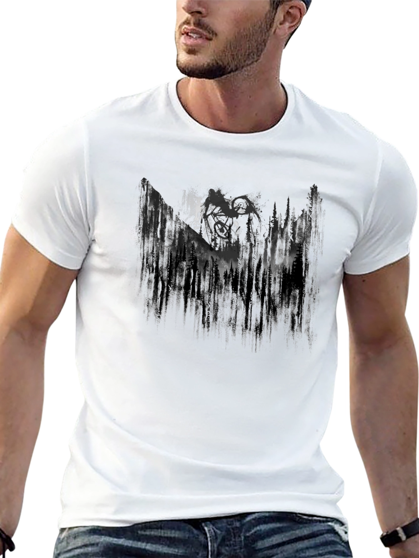 Mens Black Graphic Tee - Mountain Forest Design