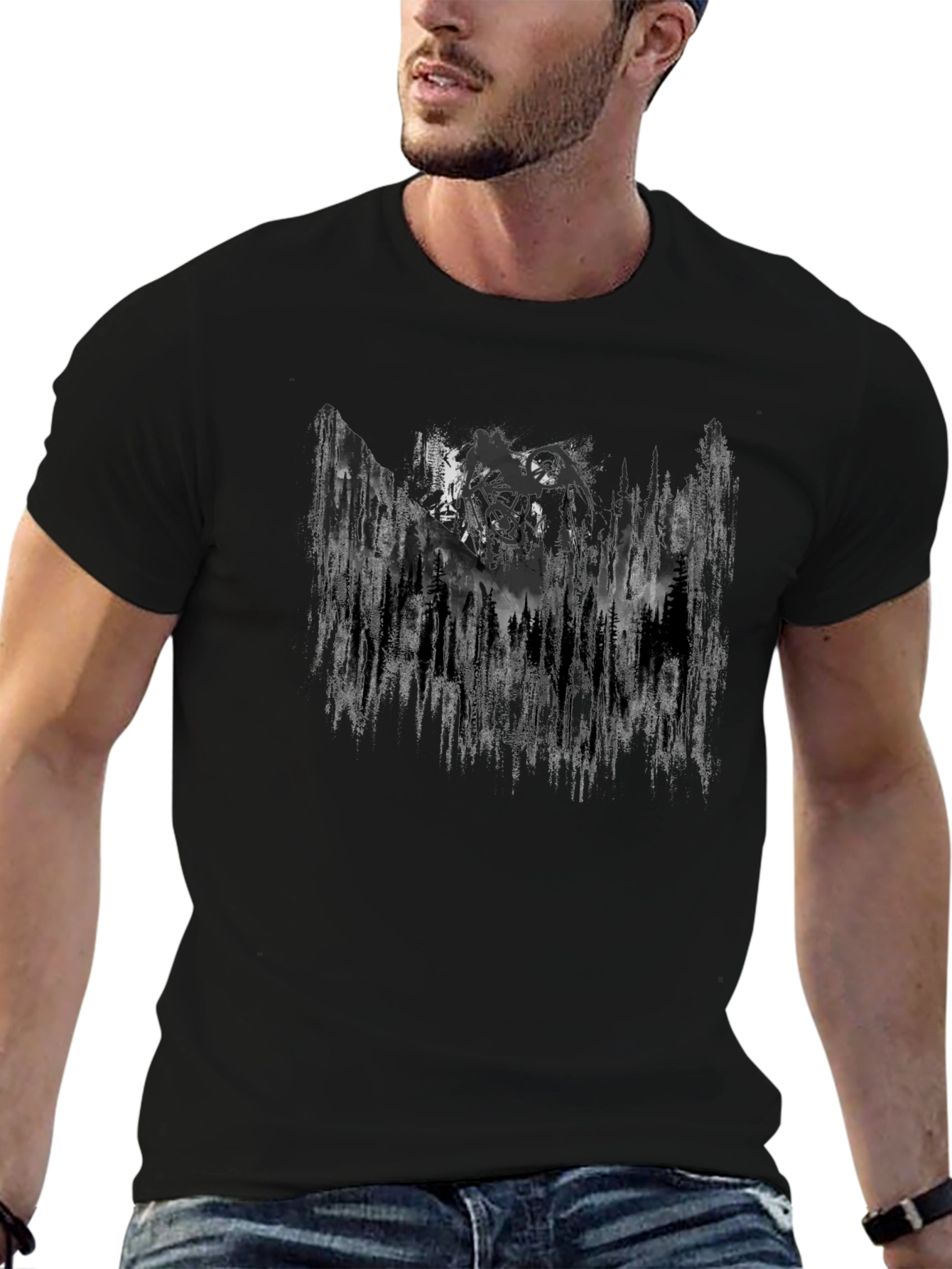 Mens Black Graphic Tee - Mountain Forest Design