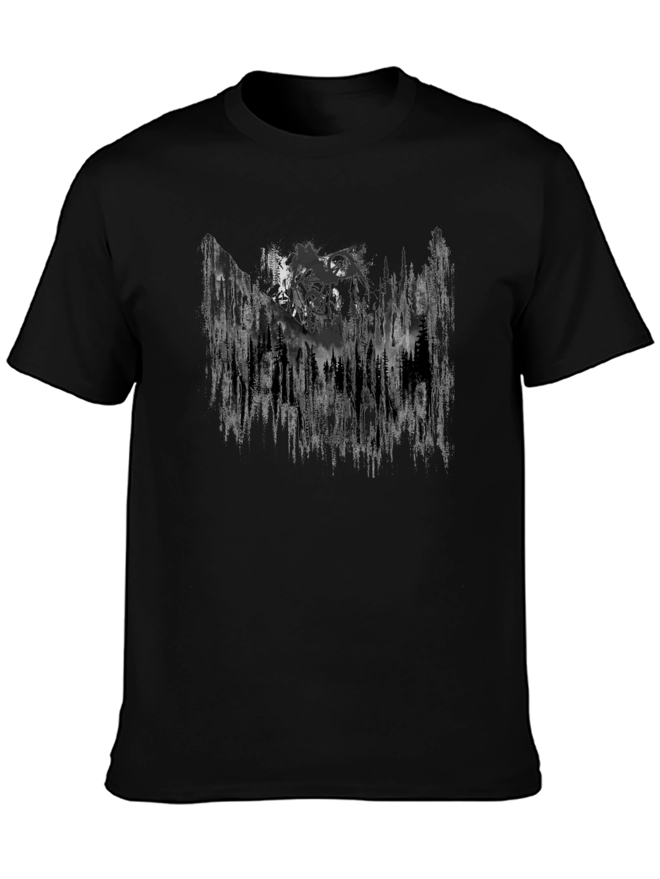 Mens Black Graphic Tee - Mountain Forest Design