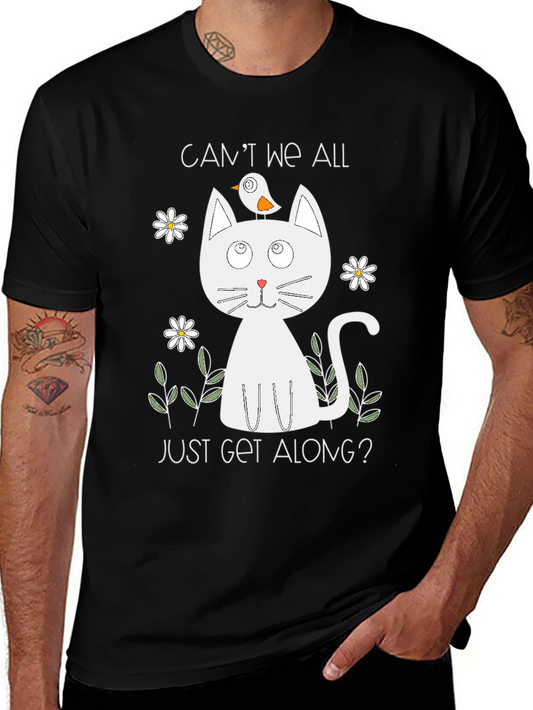 Cute Cat & Bird Graphic Tee - Cant We All Just Get Along?