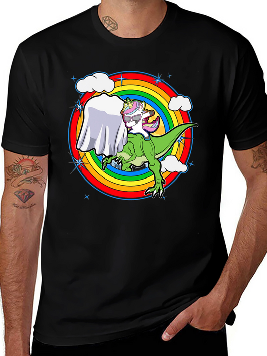 Unicorn Riding T-Rex Ghost Rainbow Mens T-Shirt