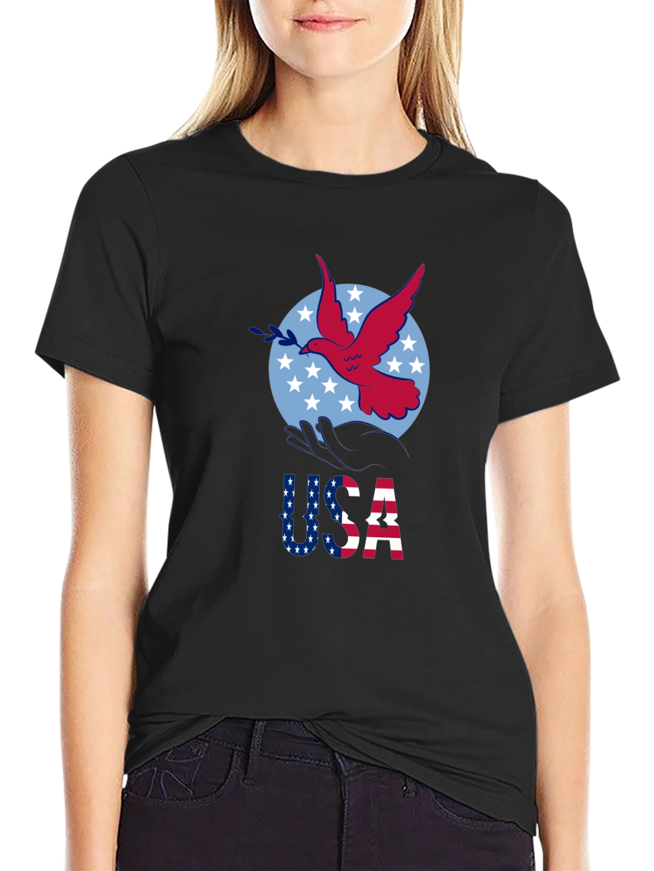 USA Dove Graphic Print Black T-Shirt