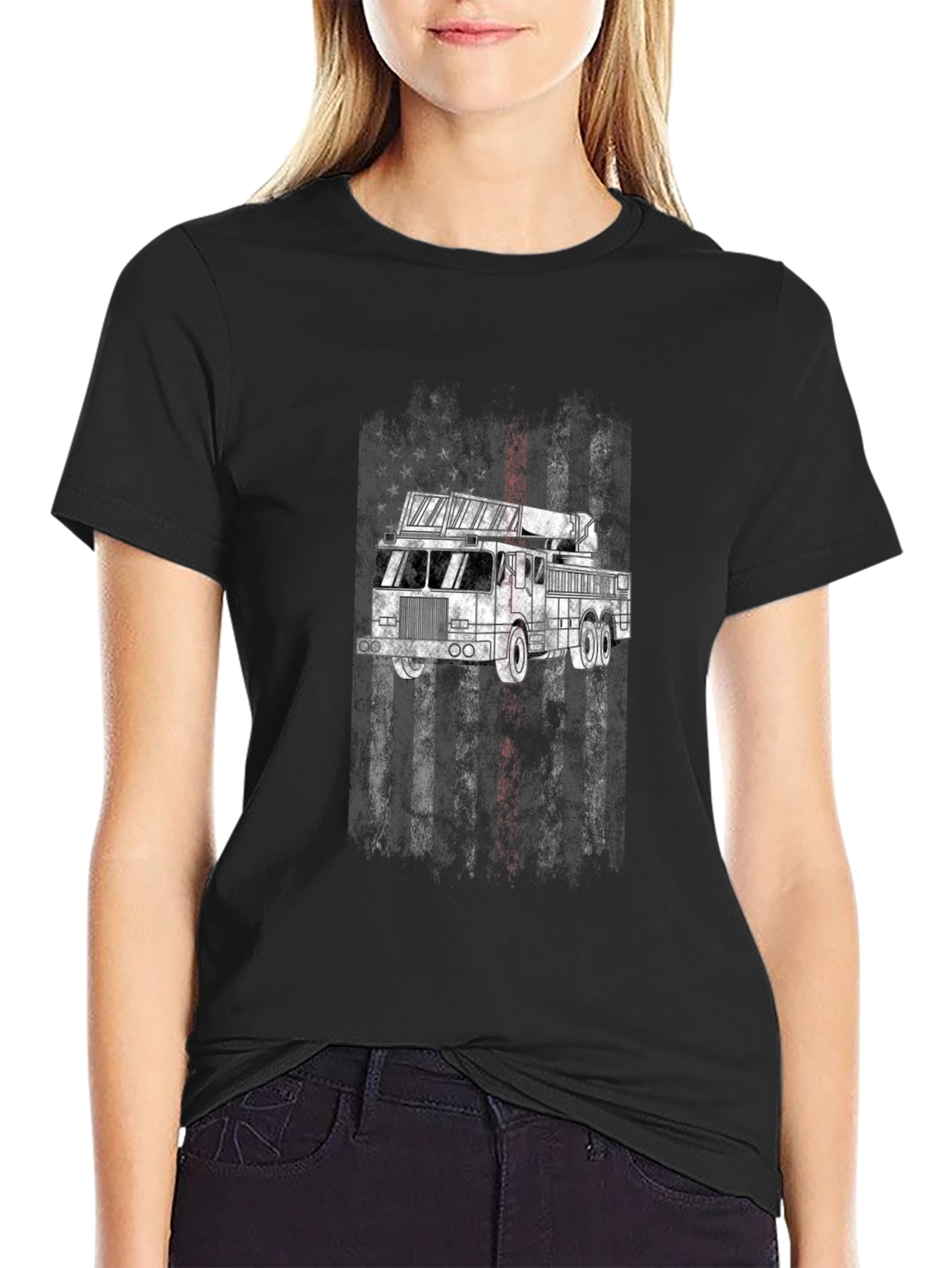 Firefighter Truck T-Shirt - Patriotic Design
