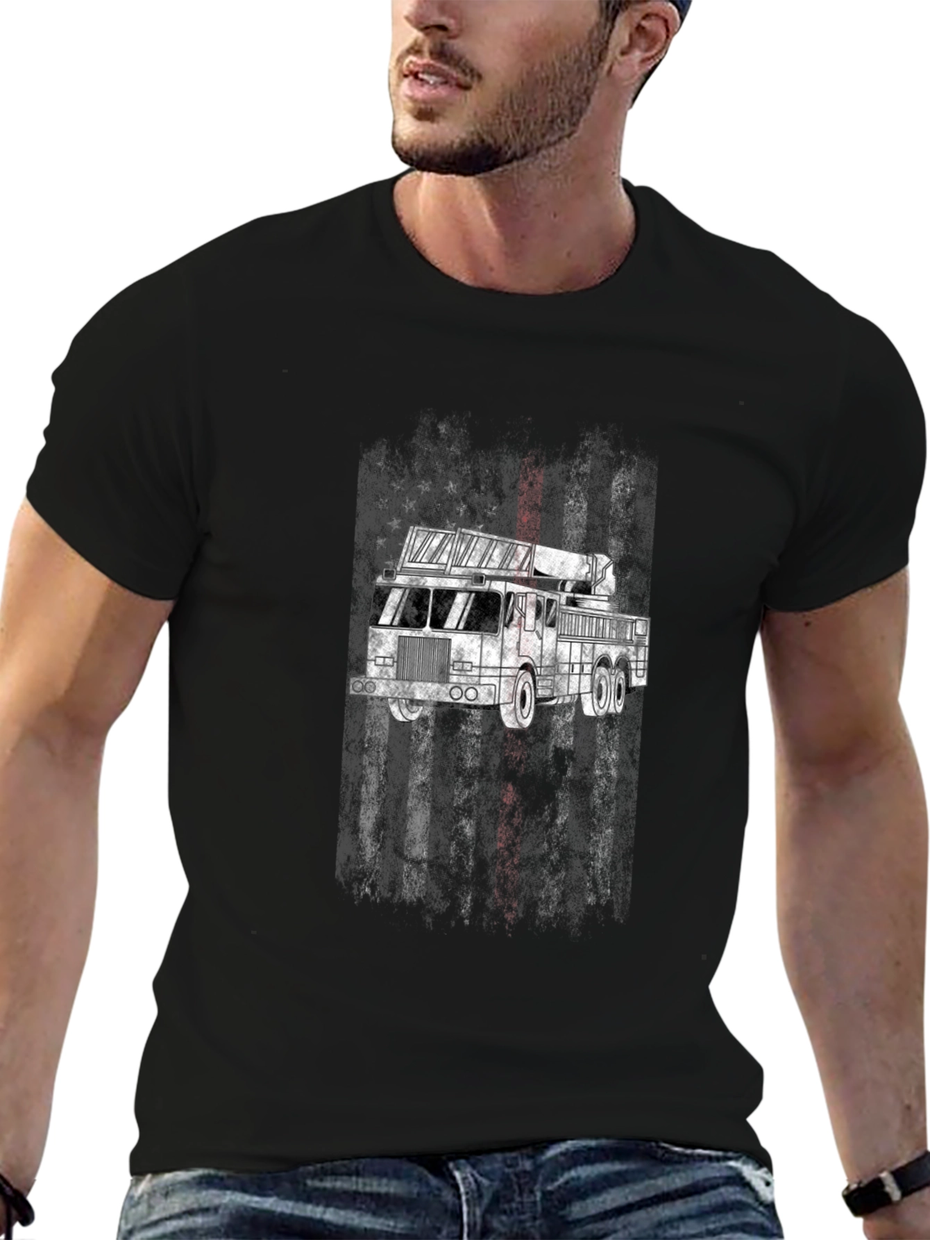 Firefighter Truck T-Shirt - Patriotic Design