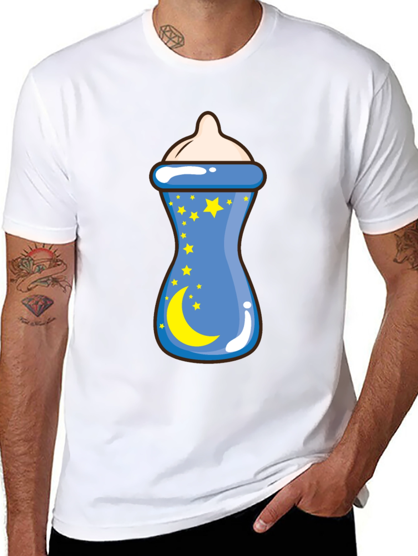 Baby Bottle Moon Stars Graphic Black T-Shirt