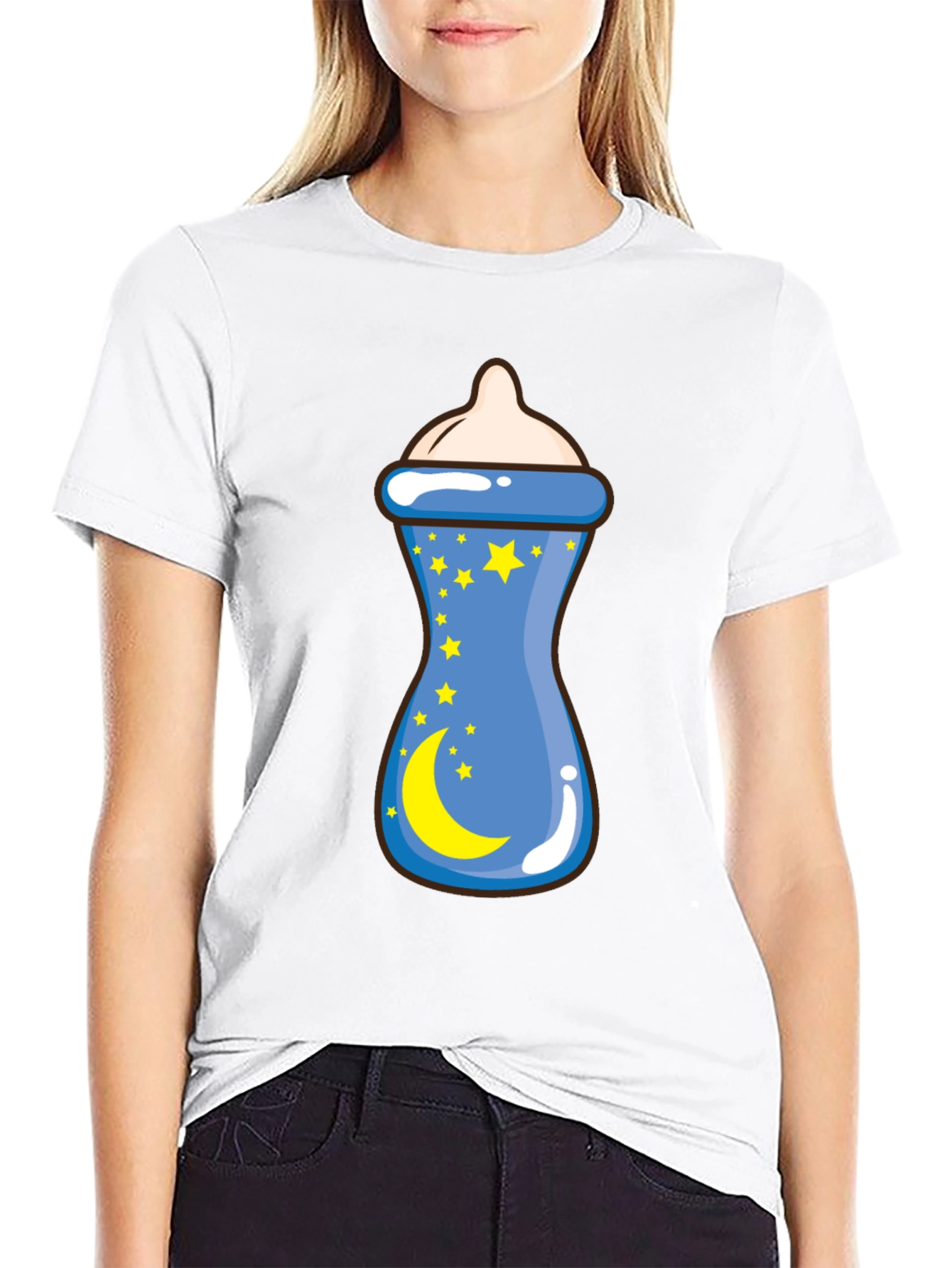 Baby Bottle Moon Stars Graphic Black T-Shirt
