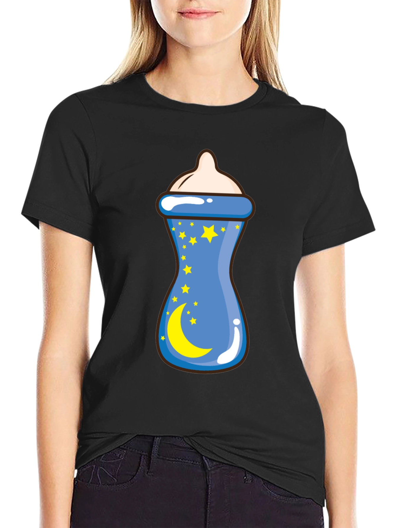 Baby Bottle Moon Stars Graphic Black T-Shirt