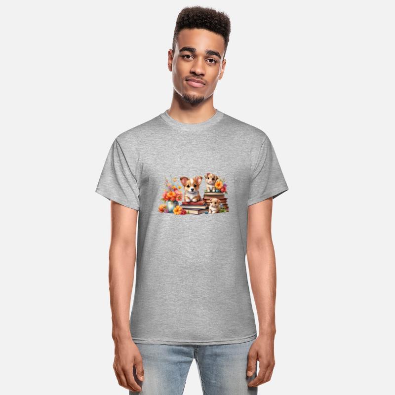 Puppy with a stack of books.