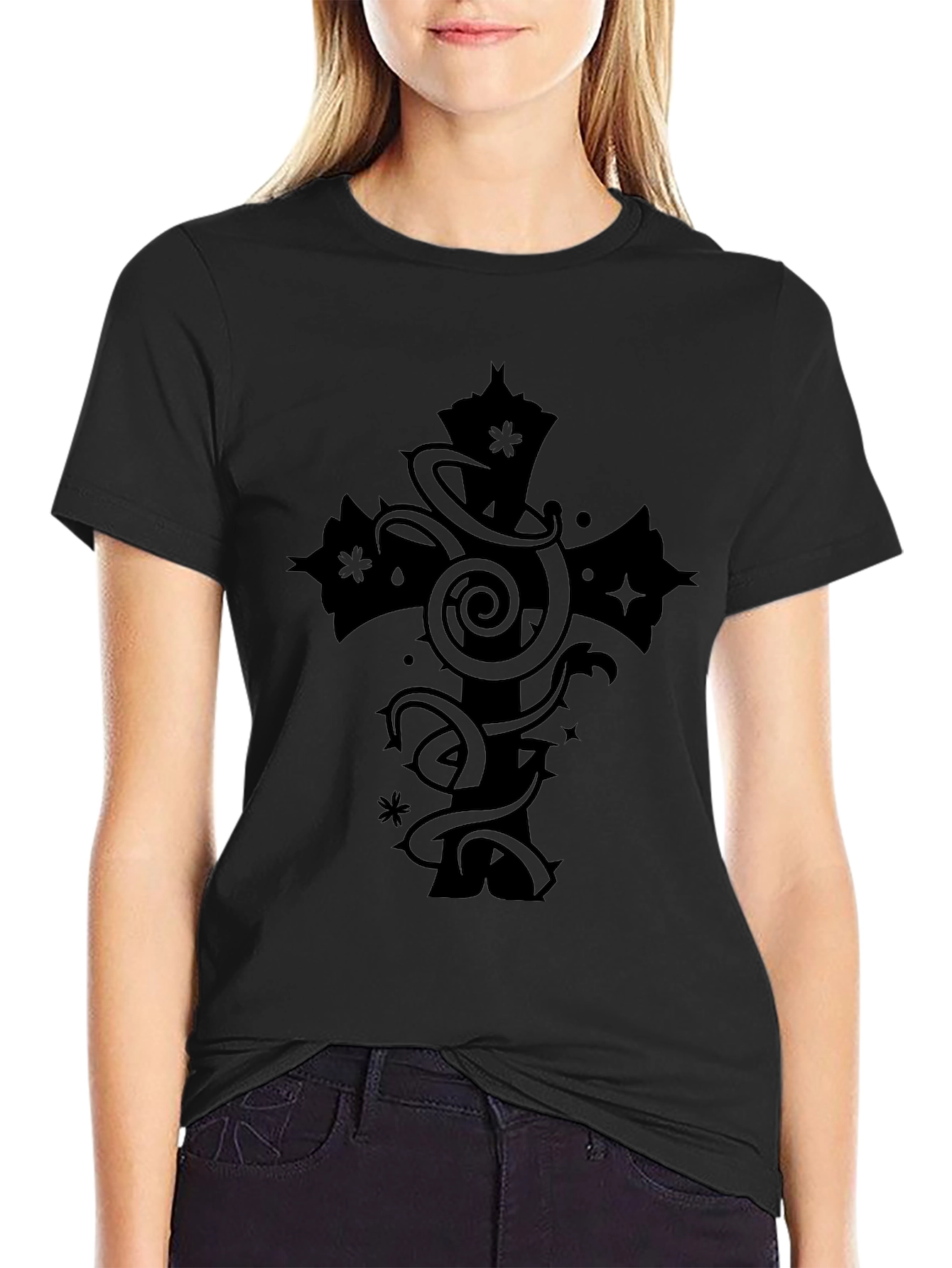 Gothic Cross Graphic Tee - Black Casual Shirt