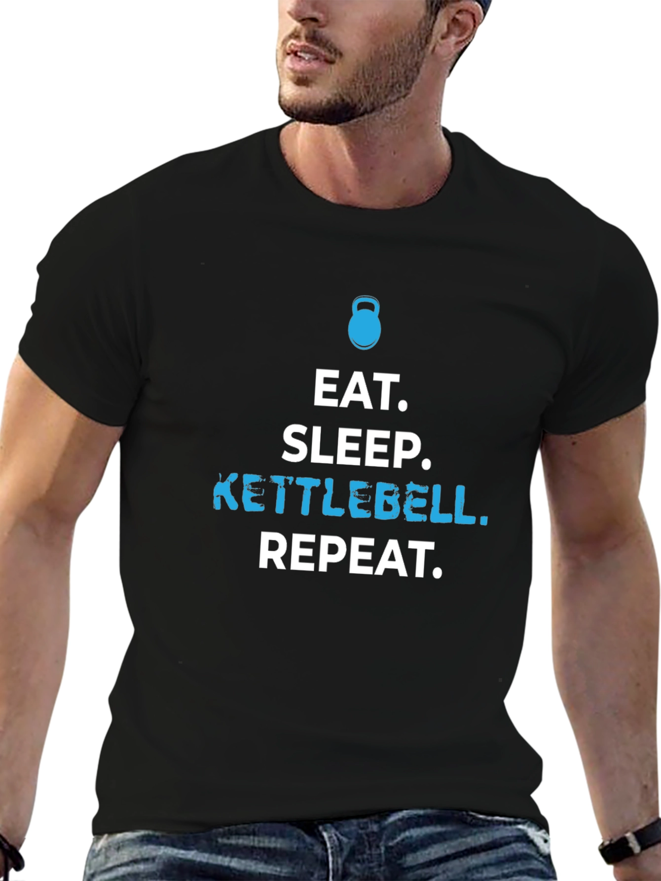 Eat Sleep Kettlebell Repeat Black Graphic T-Shirt