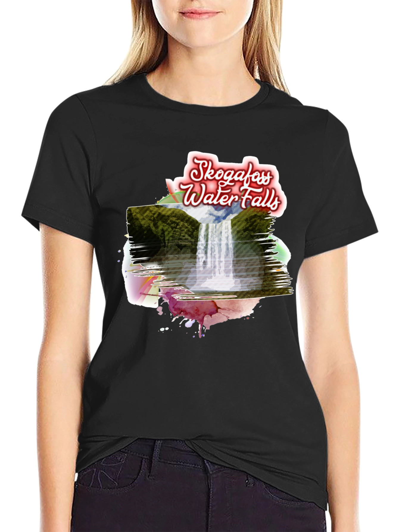 Skogafoss Waterfalls T-Shirt - Scenic Black Tee