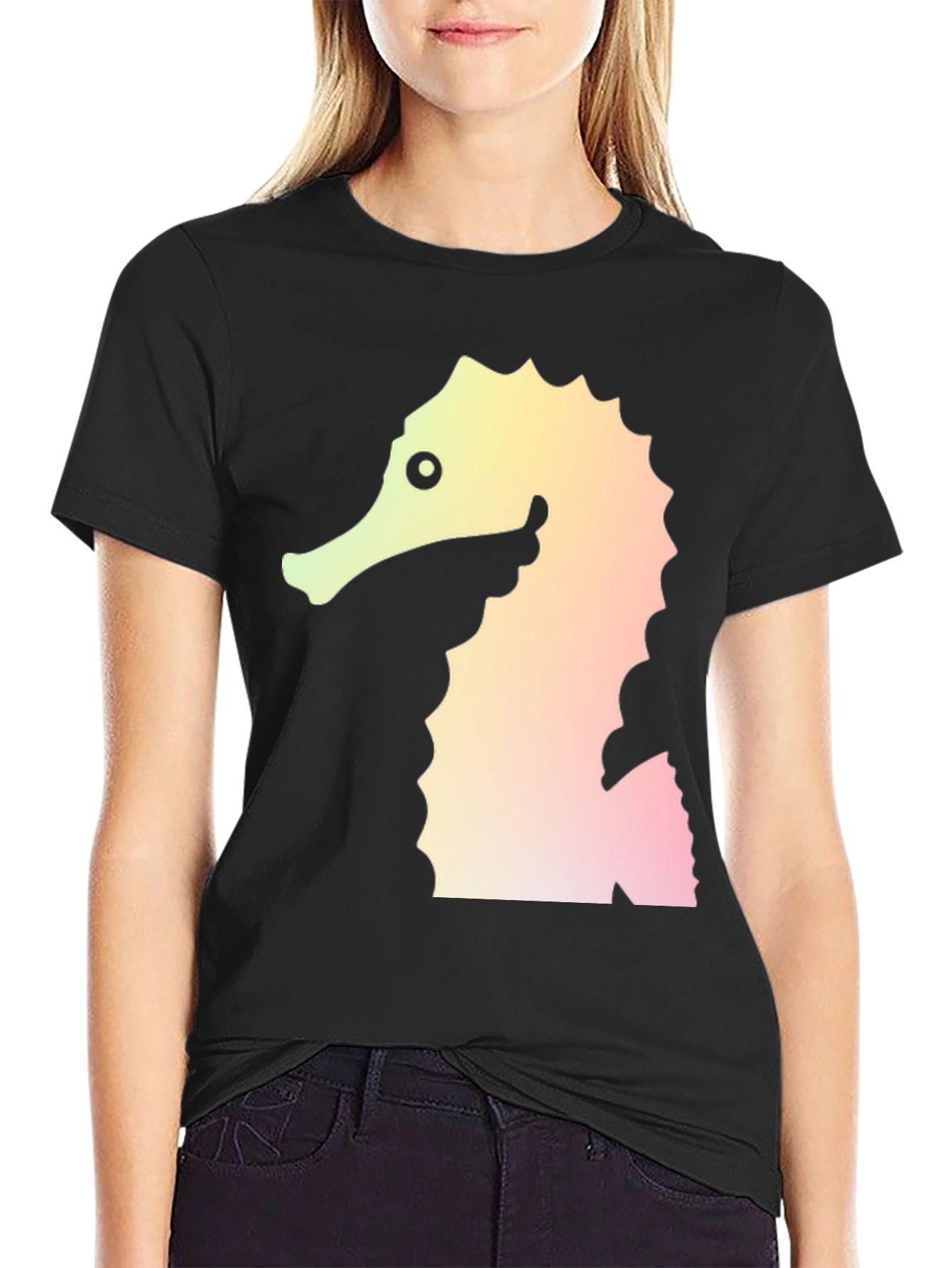 Seahorse Graphic Tee - Black Cotton Blend T-Shirt