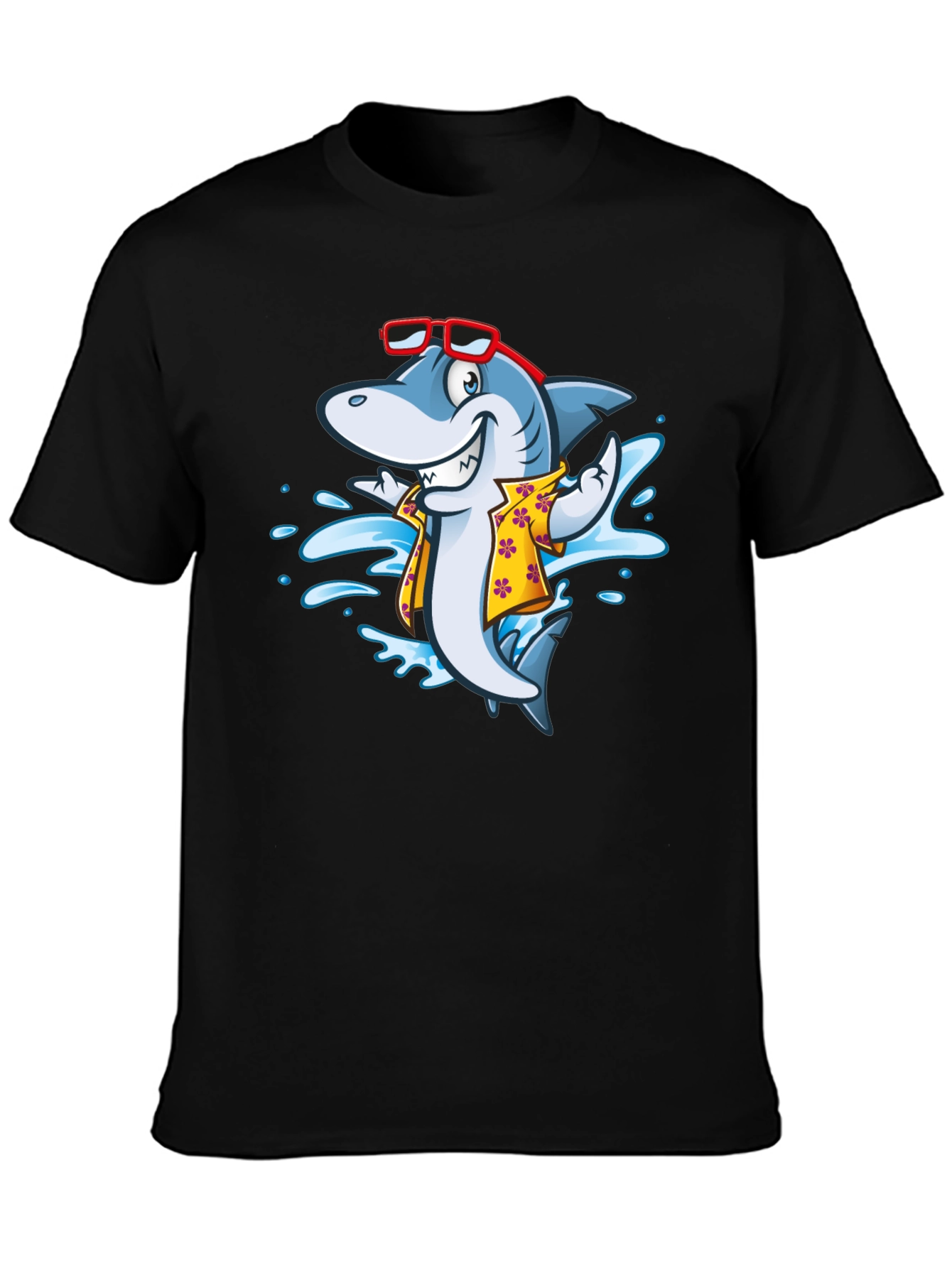 Cool Cartoon Shark Aloha Shirt Black Tee