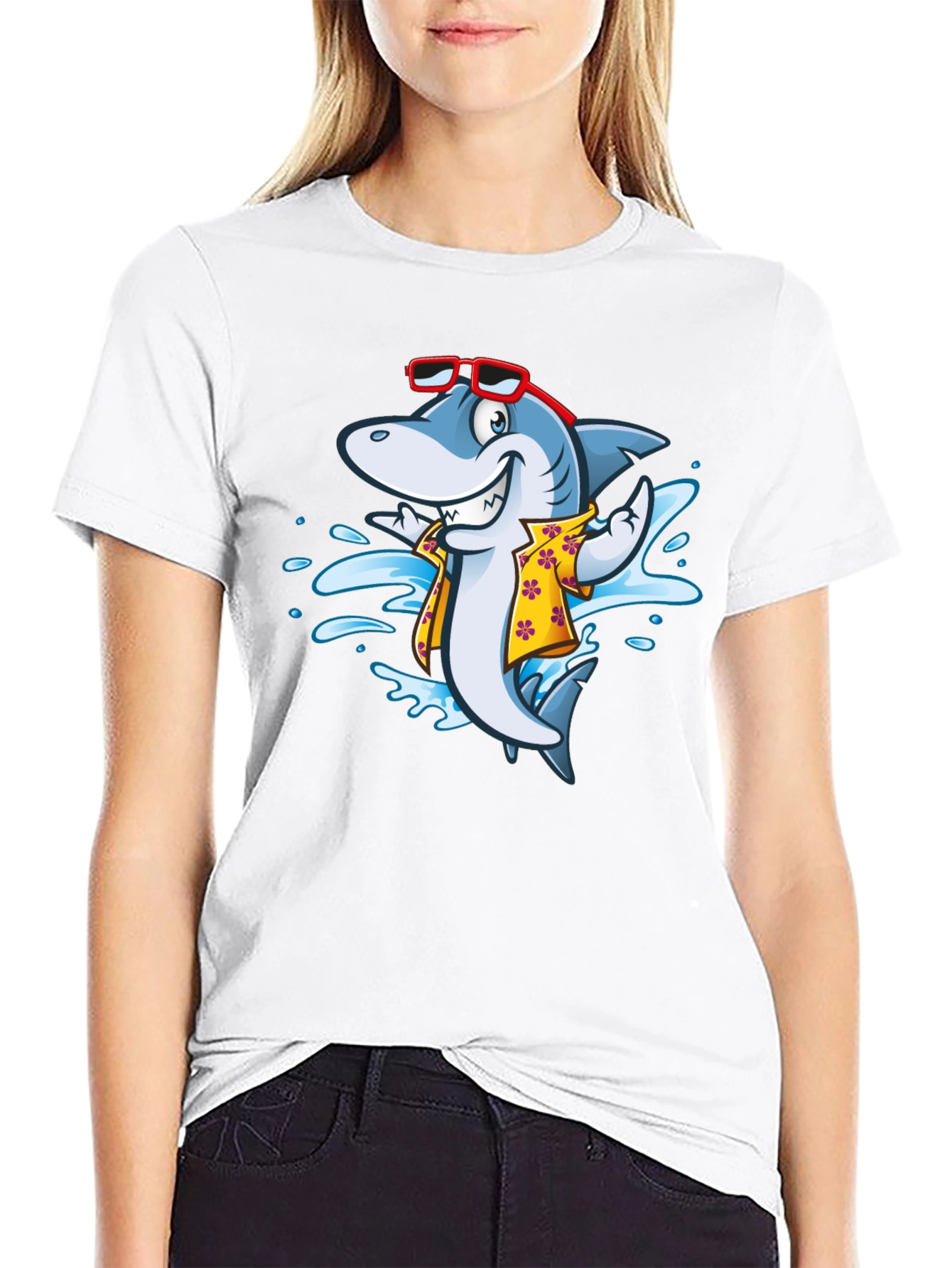 Cool Cartoon Shark Aloha Shirt Black Tee