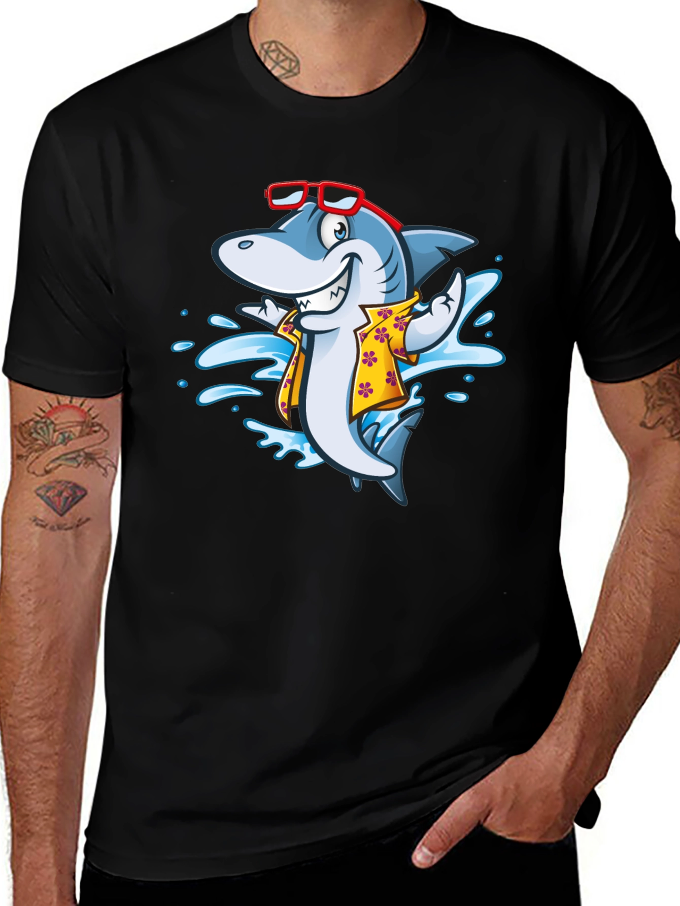 Cool Cartoon Shark Aloha Shirt Black Tee