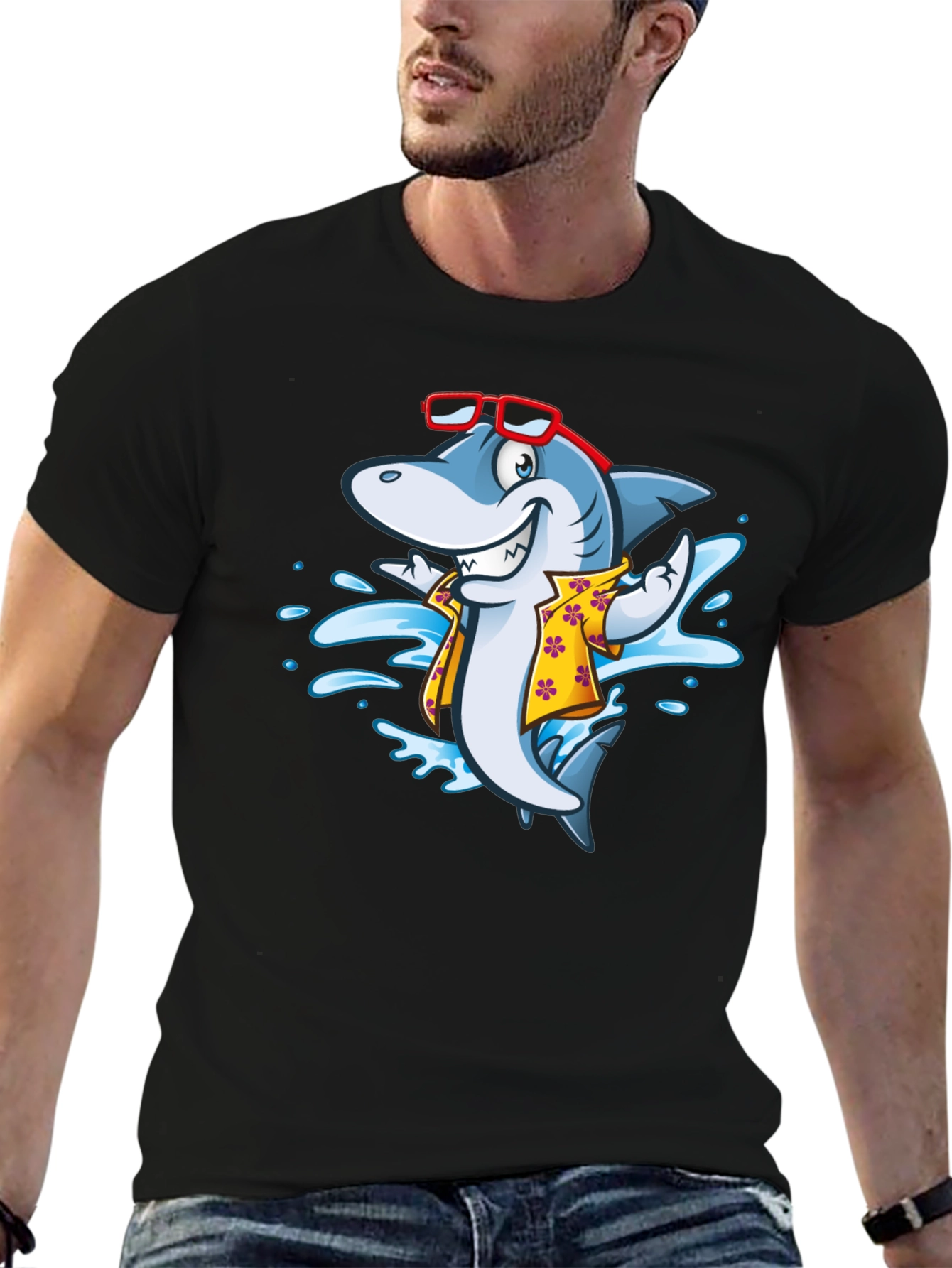 Cool Cartoon Shark Aloha Shirt Black Tee