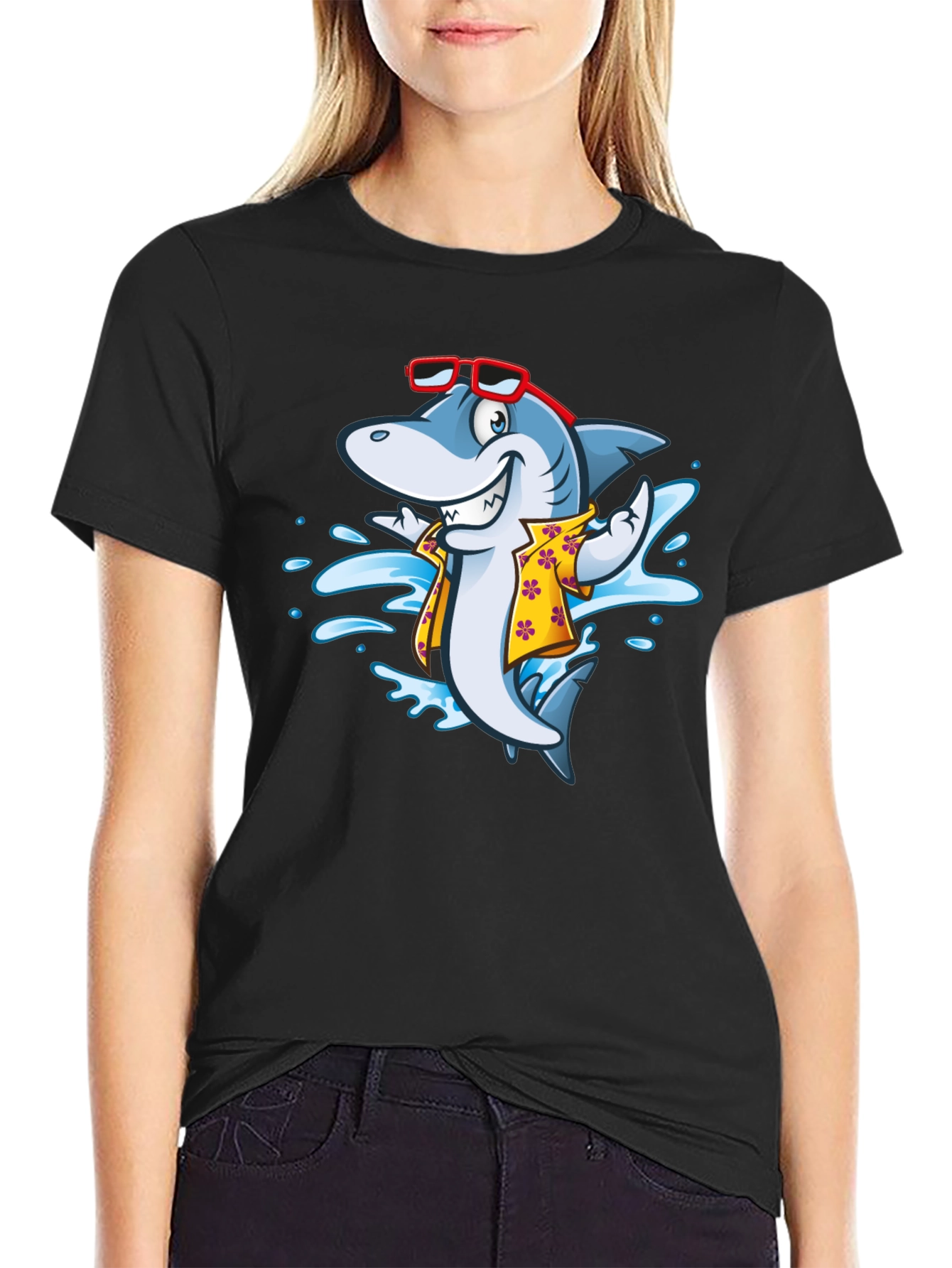 Cool Cartoon Shark Aloha Shirt Black Tee
