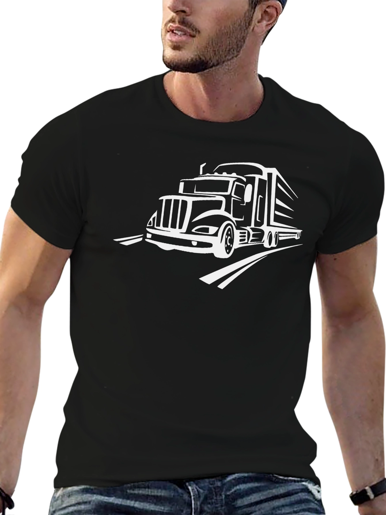 Truck Driver T-Shirt: Black Tee with White Truck Graphic