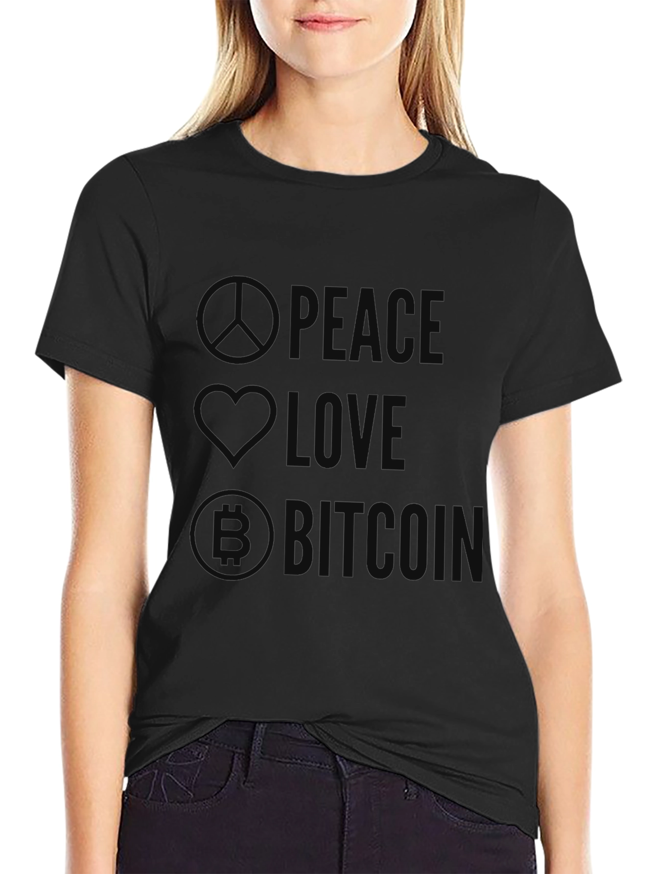 Peace Love Bitcoin Black Graphic T-Shirt