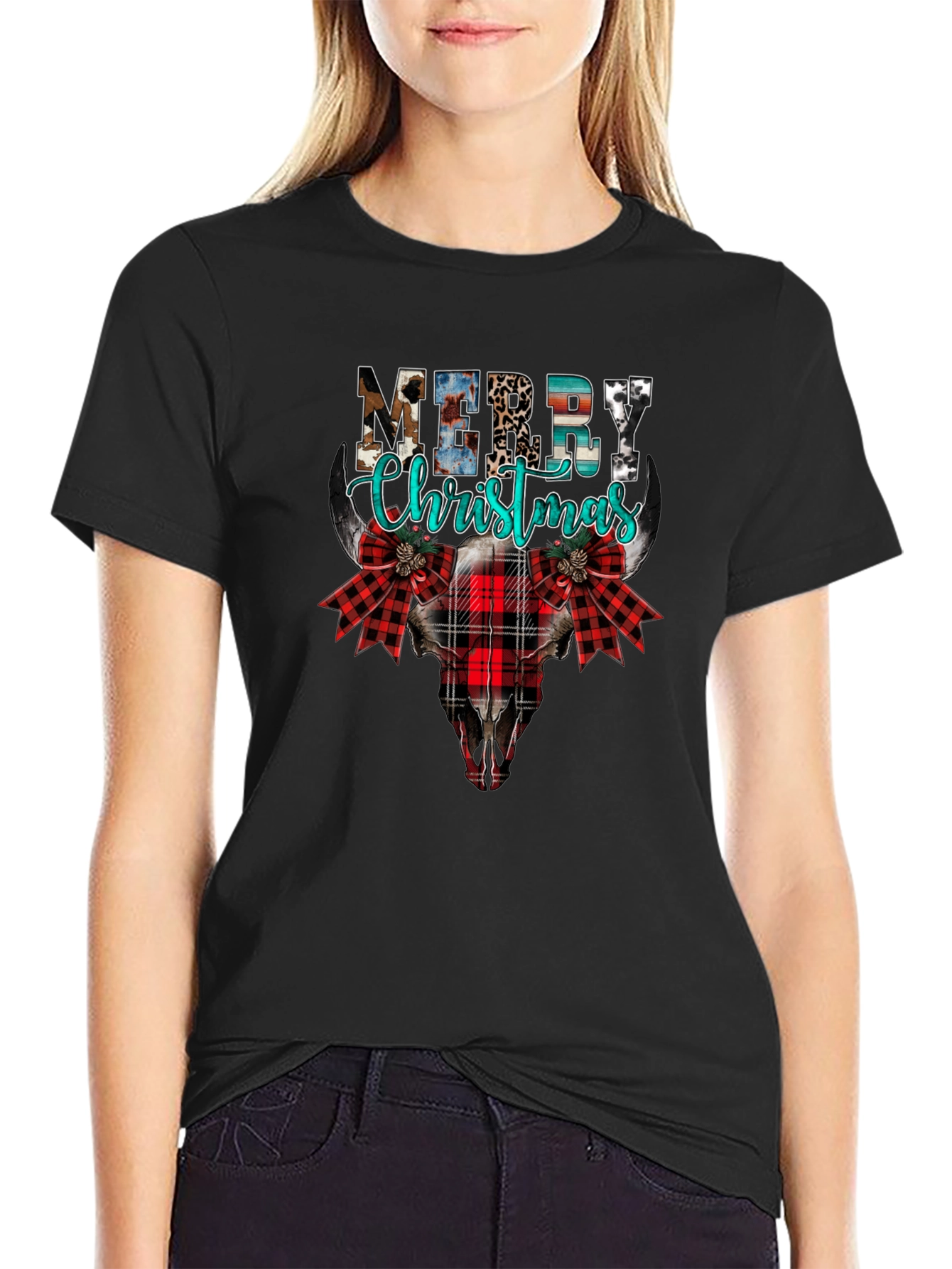 Merry Christmas Western Style Bull Skull Tee