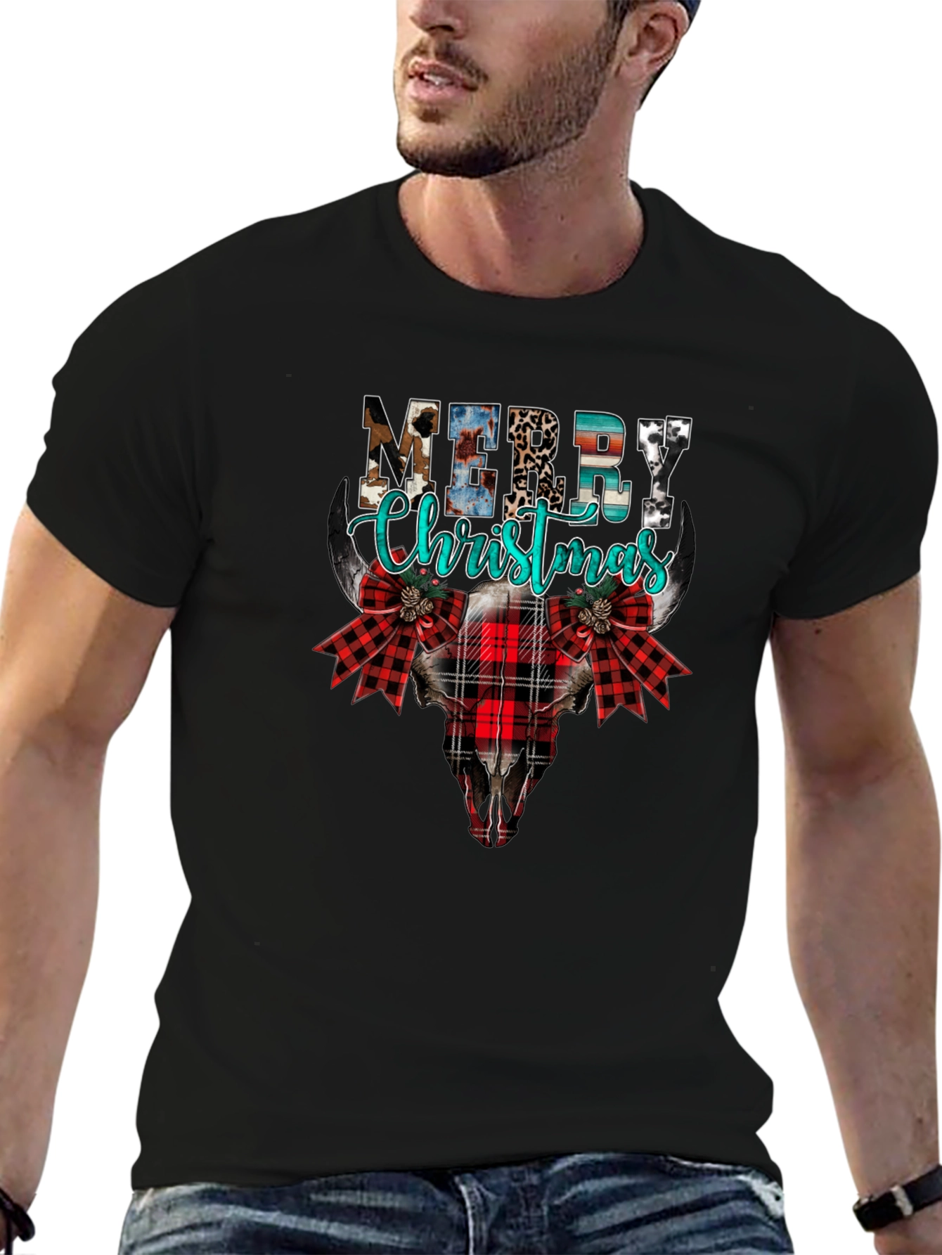 Merry Christmas Western Style Bull Skull Tee