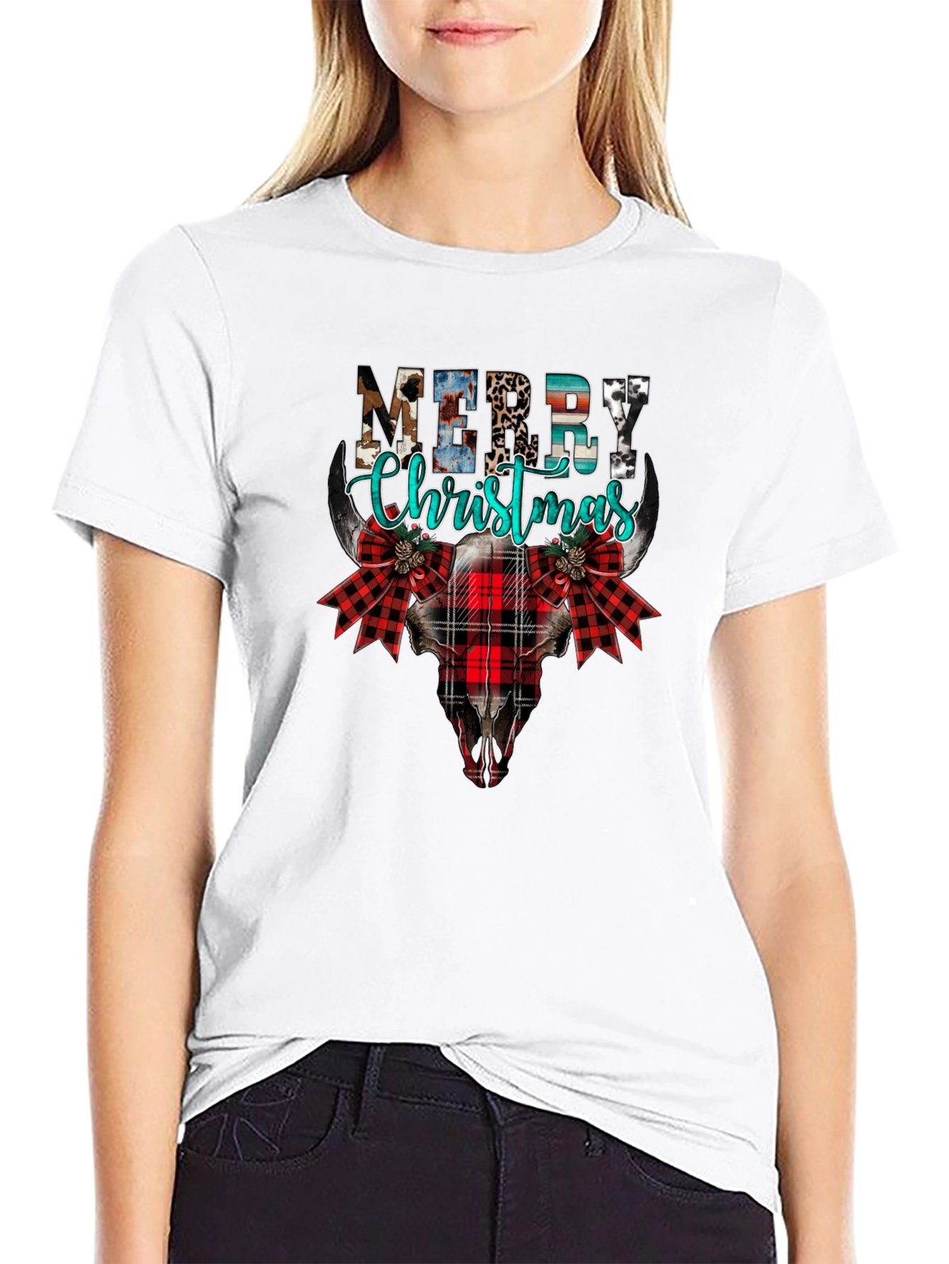 Merry Christmas Western Style Bull Skull Tee