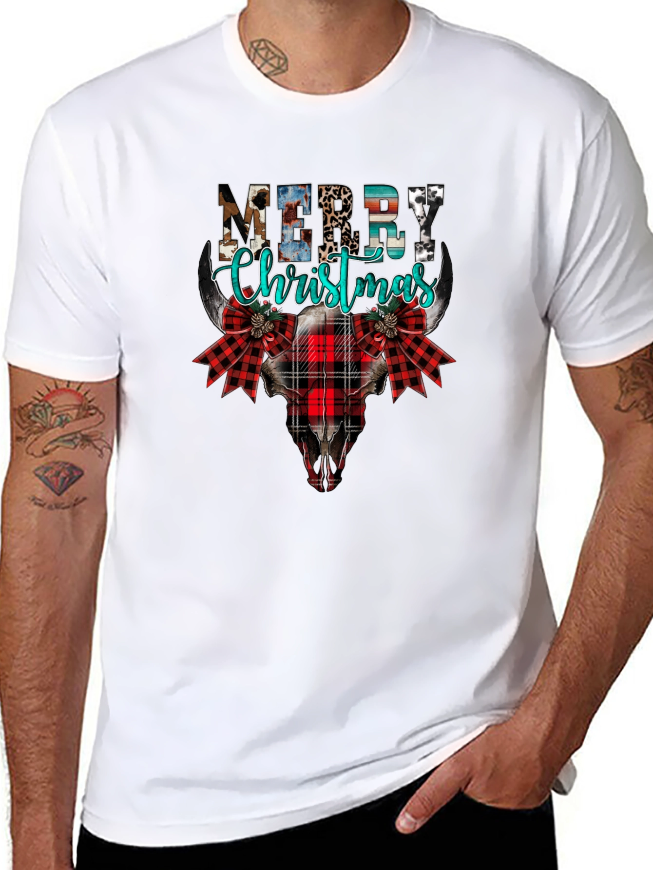 Merry Christmas Western Style Bull Skull Tee