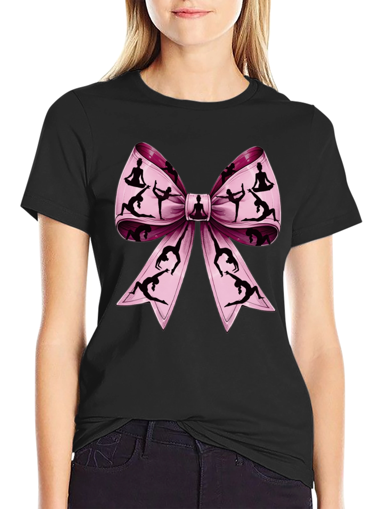 Yoga Bow Graphic Tee - Black Cotton T-Shirt