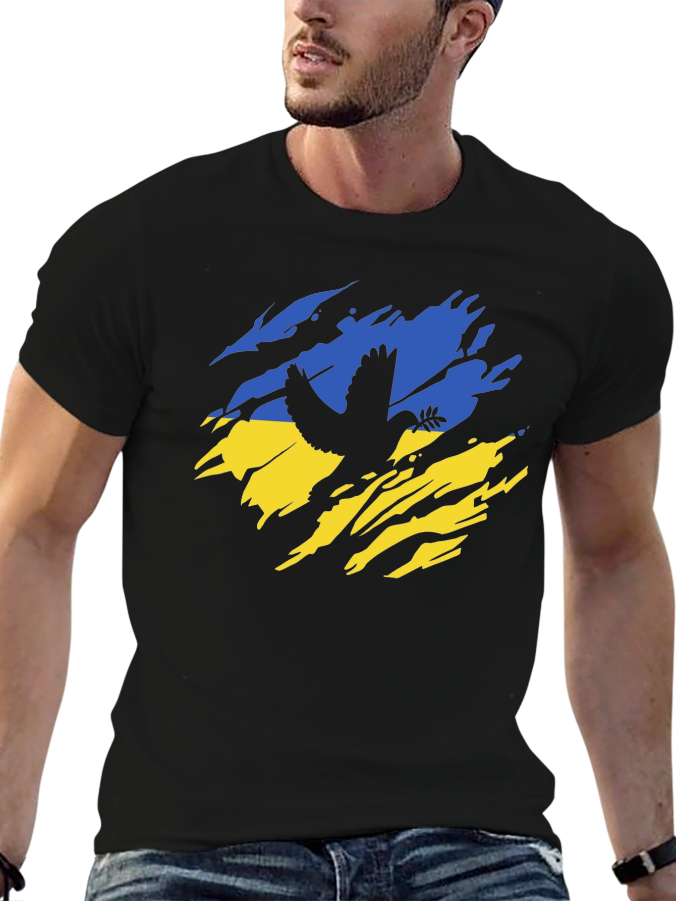 Ukraine Flag Peace Dove Mens Black T-Shirt