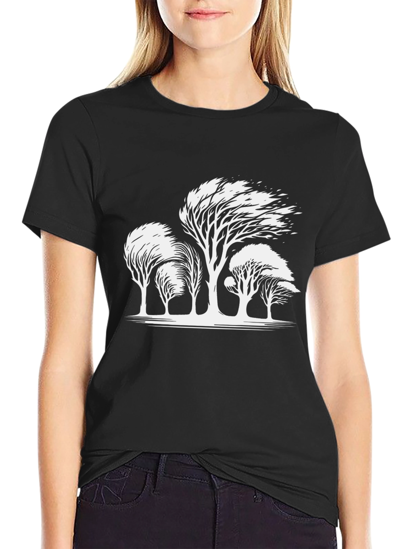 Mens Black T-shirt with White Trees Design