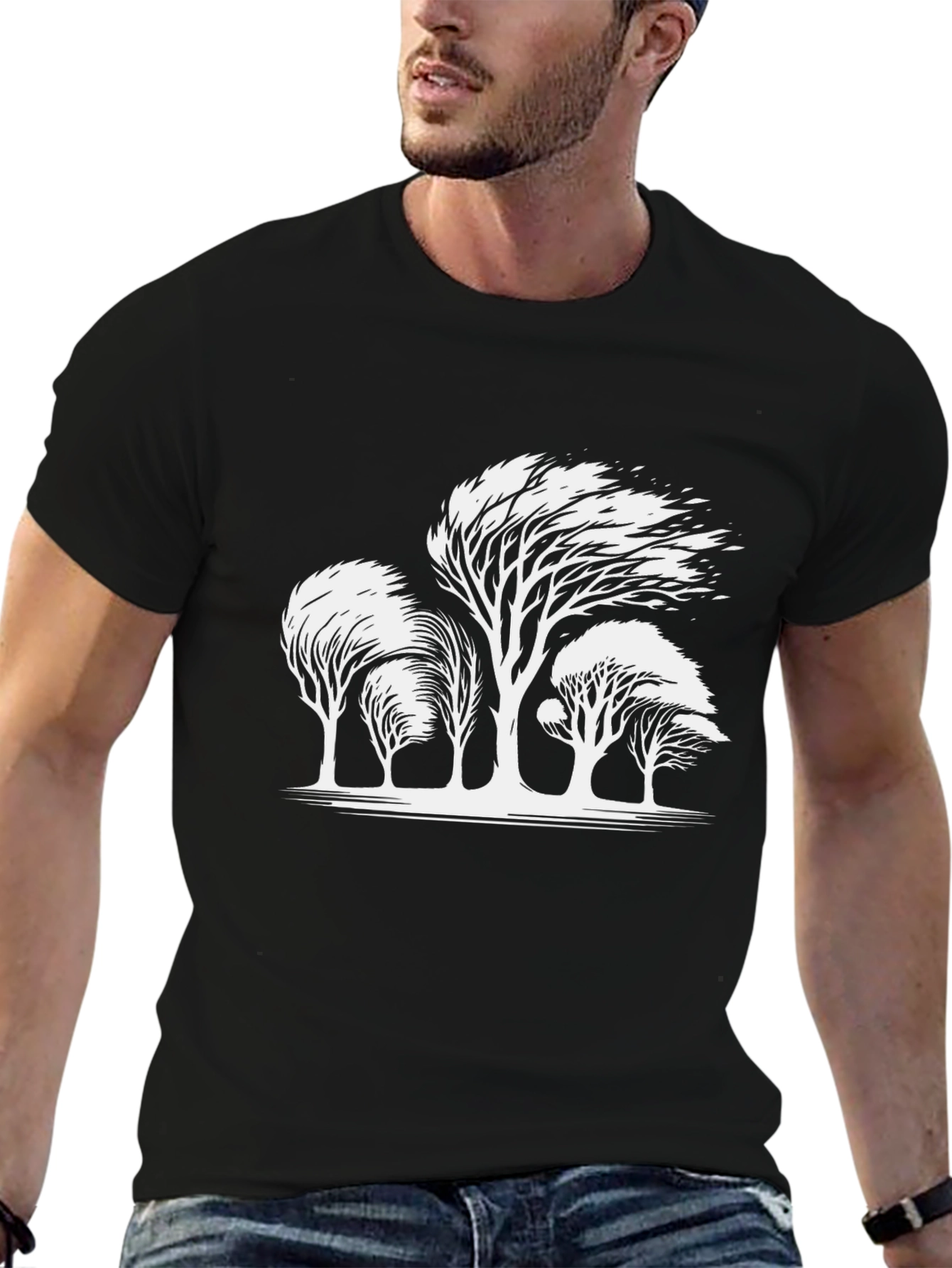 Mens Black T-shirt with White Trees Design