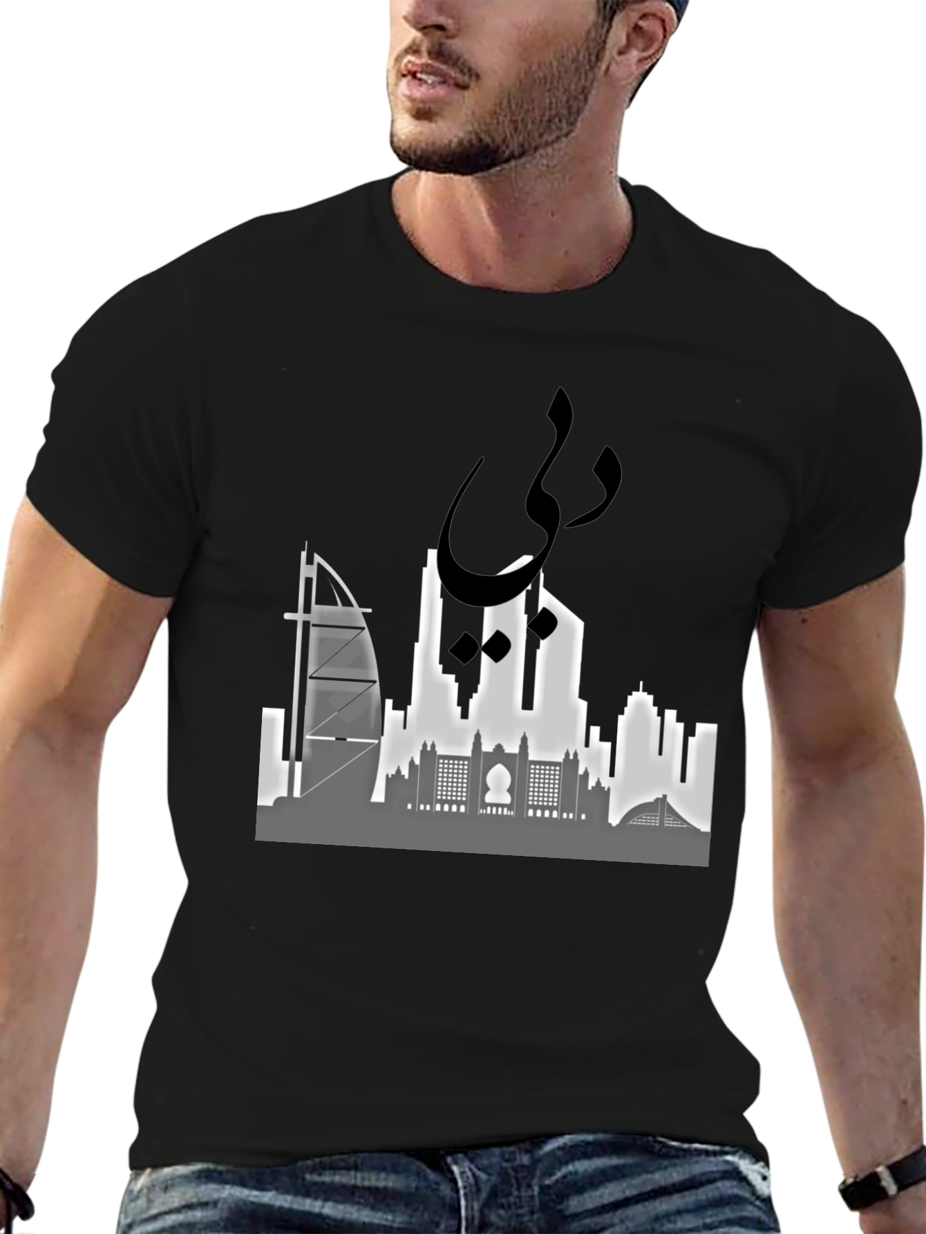 Dubai Skyline Graphic Tee - Stylish Black Cotton T-Shirt