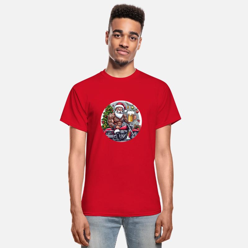 Tatooed Santa on a motorcycle with a beer