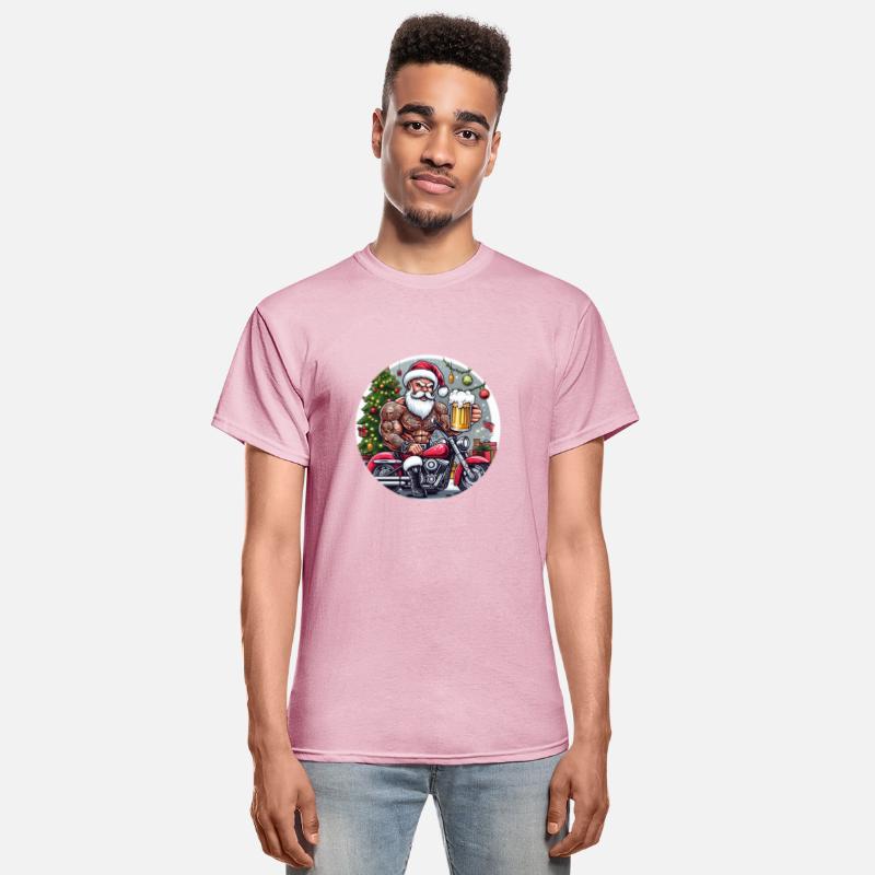 Tatooed Santa on a motorcycle with a beer