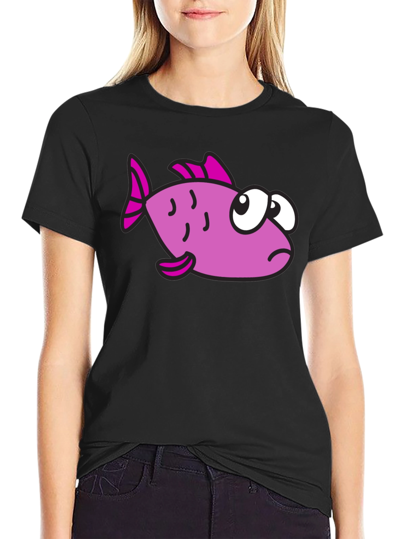 Funny Cartoon Fish Black T-Shirt