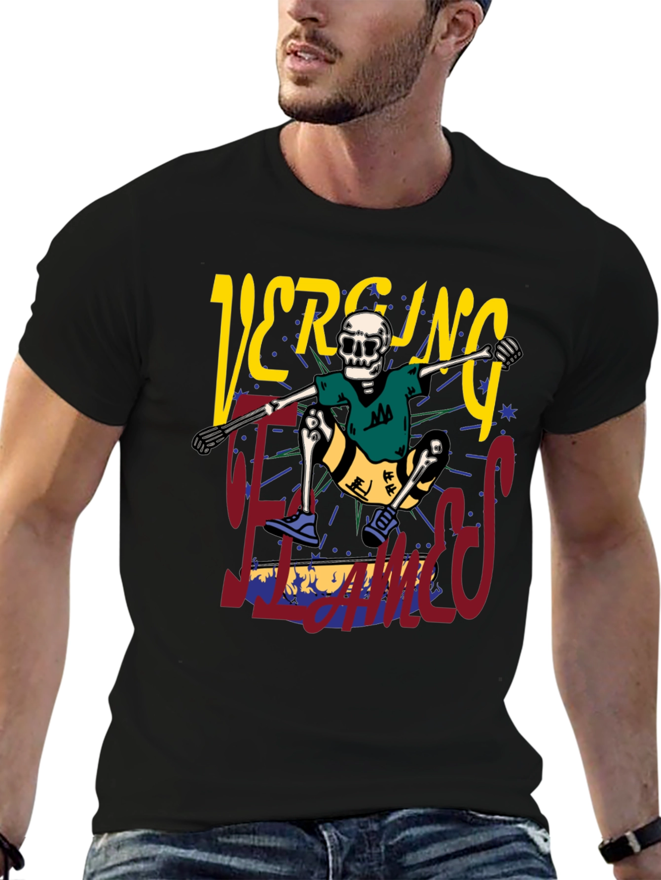 Skateboarding Skeleton Graphic Tee - Black Cotton Shirt