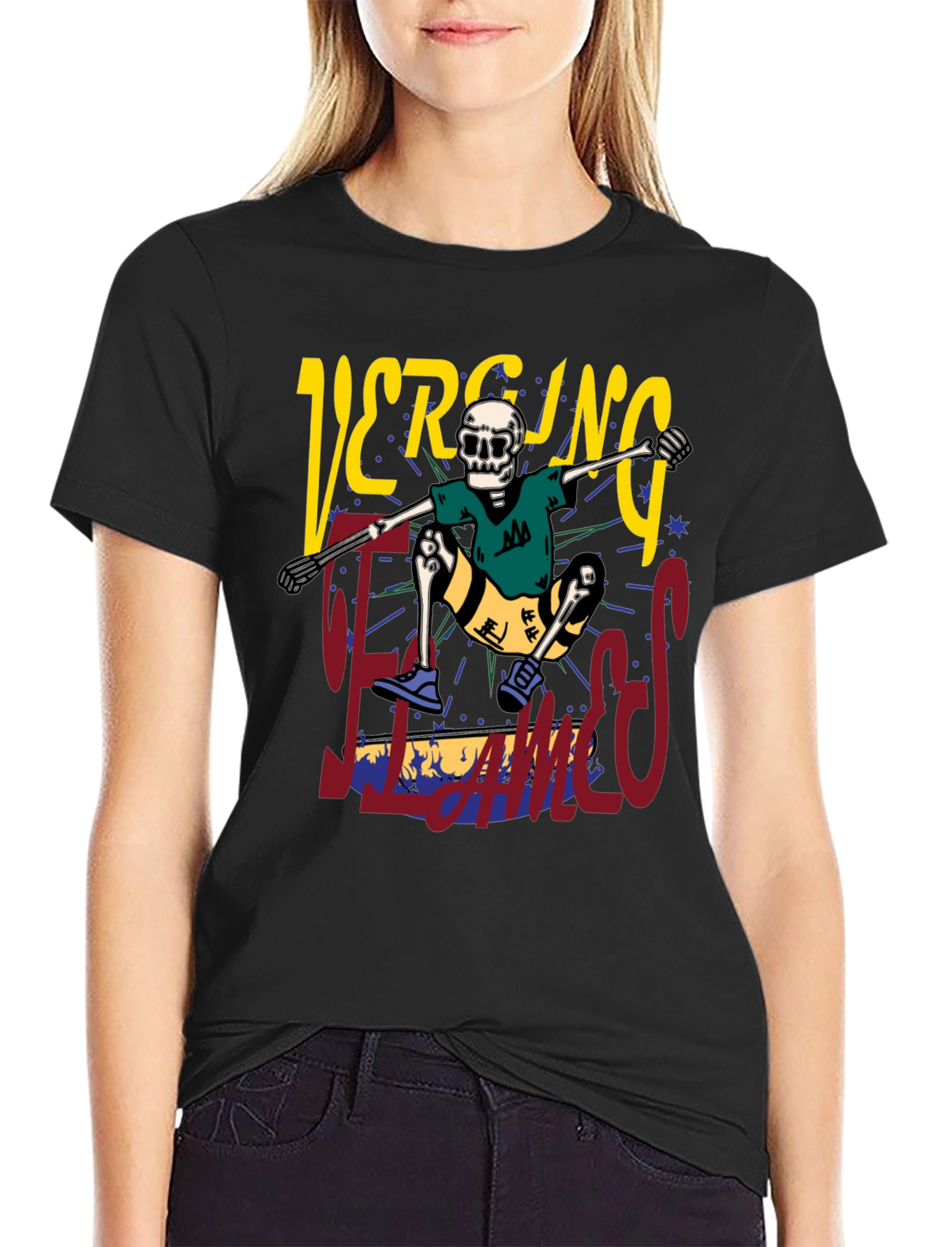 Skateboarding Skeleton Graphic Tee - Black Cotton Shirt