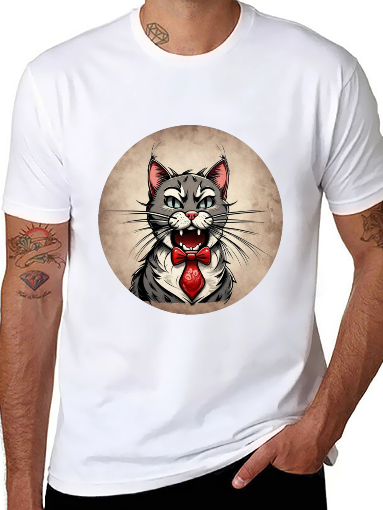 Cat in Tie Graphic Tee - Mens Black T-Shirt