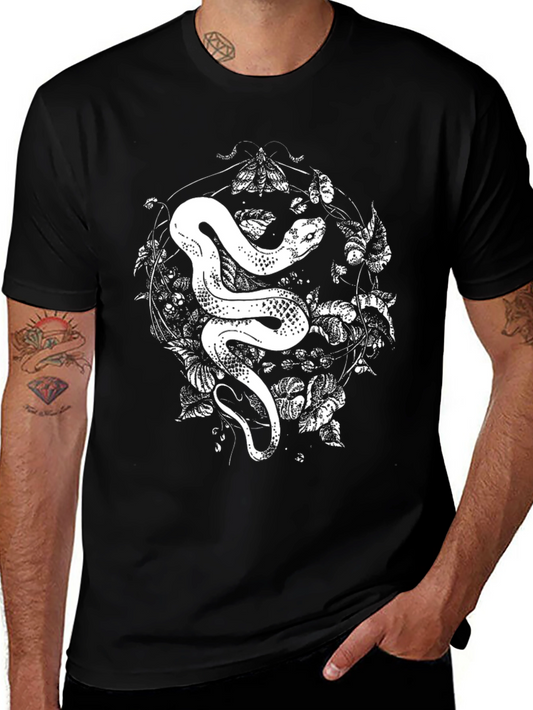 Snake & Moth Graphic Tee - Mens Black Cotton T-Shirt