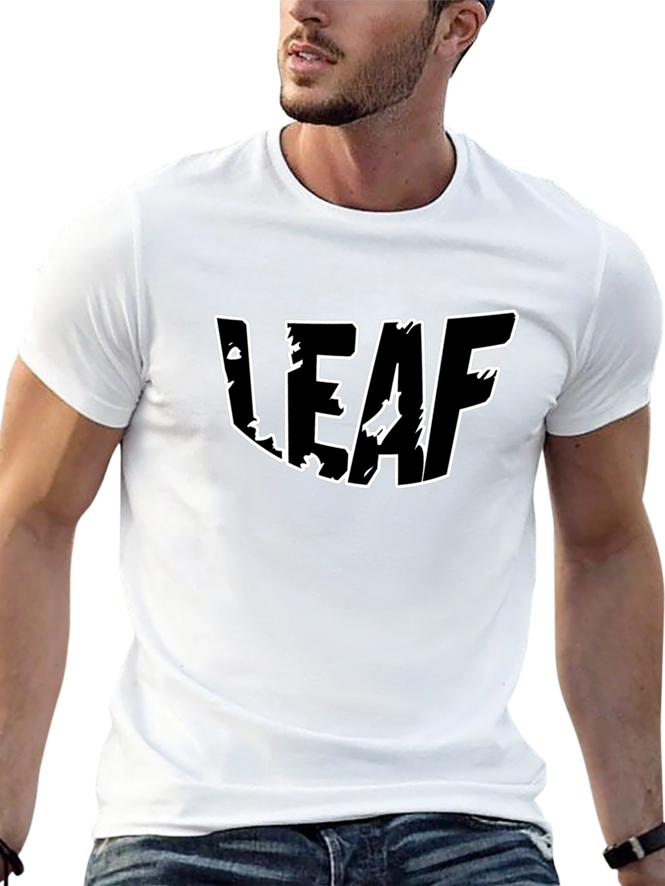 Black T-Shirt with White LEAF Graphic Print
